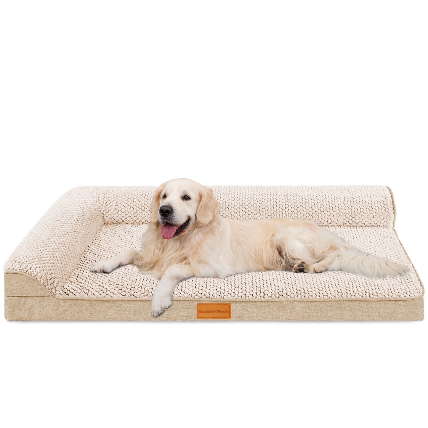 Exclusivo Mezcla Jacquard Orthopedic Pet Bed for Median Dogs, 36"X24" Waterproof L Shaped Dog Bed with Washable Cover, Ivory
