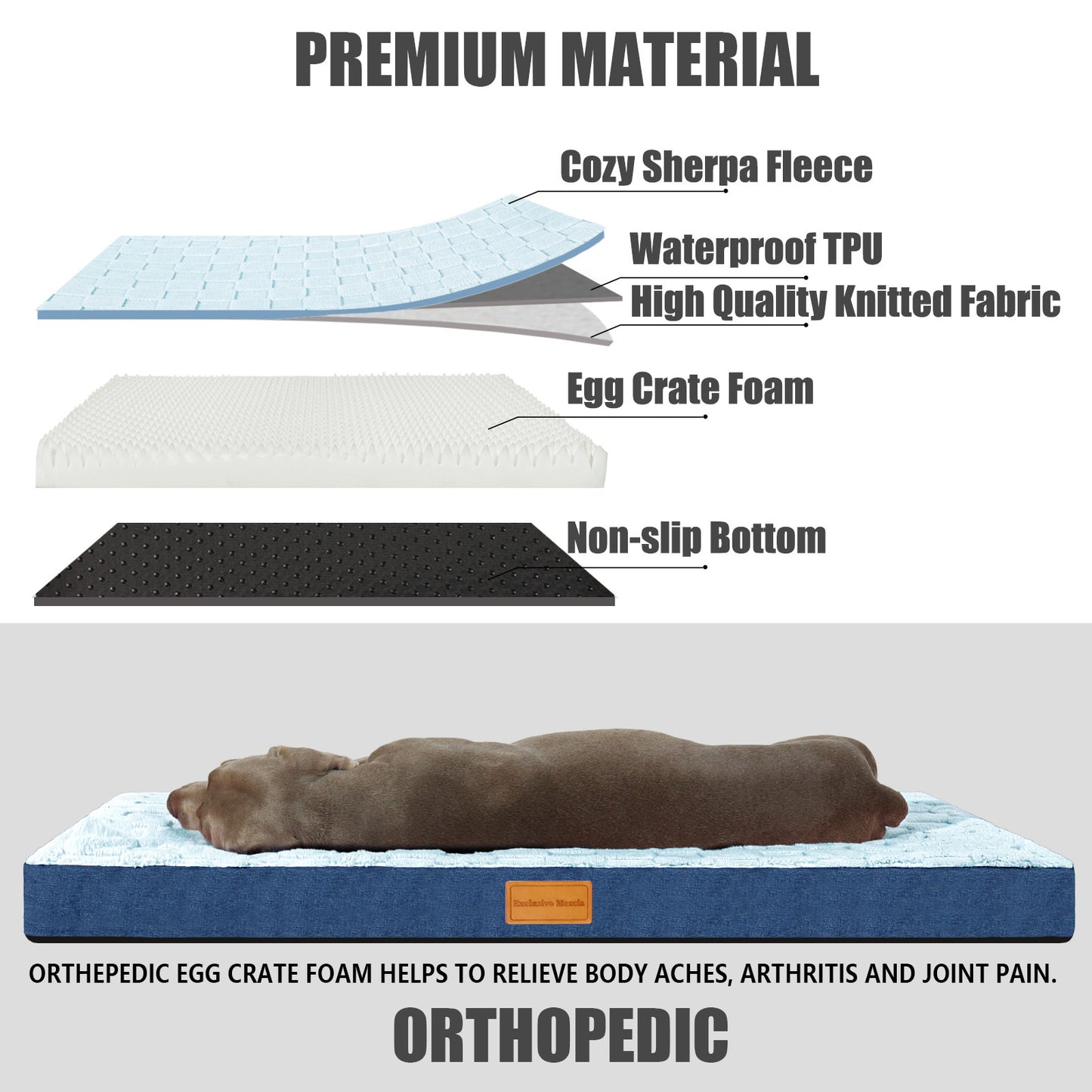 Exclusivo Mezcla Checkered Orthopedic XXL Dog Bed for Extra Large Dogs 48''X30'', Waterproof Removable Washable Cover,Egg Crate Foam Pet Bed Mat, Blue