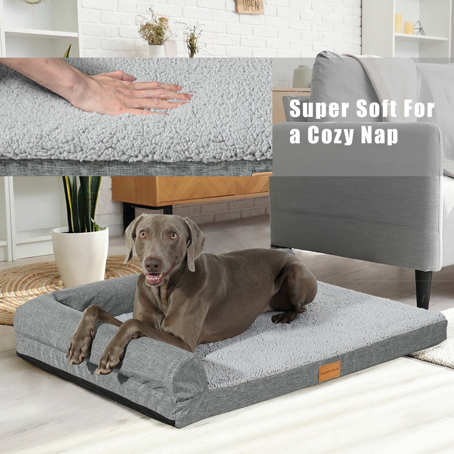 Exclusivo Mezcla Orthopedic Pet Bed for Extra Large Dogs 56"X40", L Shaped Waterproof Dog Beds with Removable Washable Cover, Gray