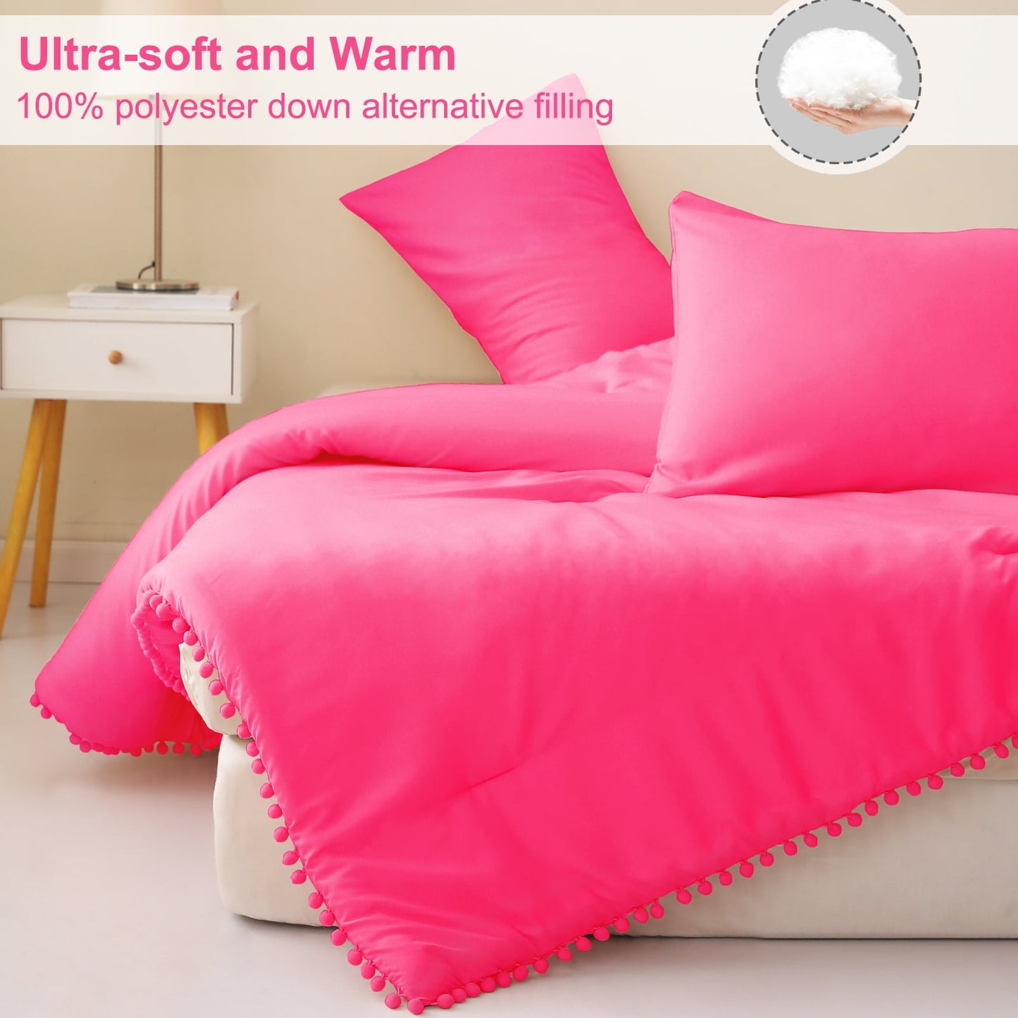 Exclusivo Mezcla Boho Pom Pom Ball Fringe Twin Comforter Set, 2 Piece Hot Pink Lightweight Down Alternative Bedding Comforter Sets for All Seasons (1 Comforter and 1 Pillowcase)