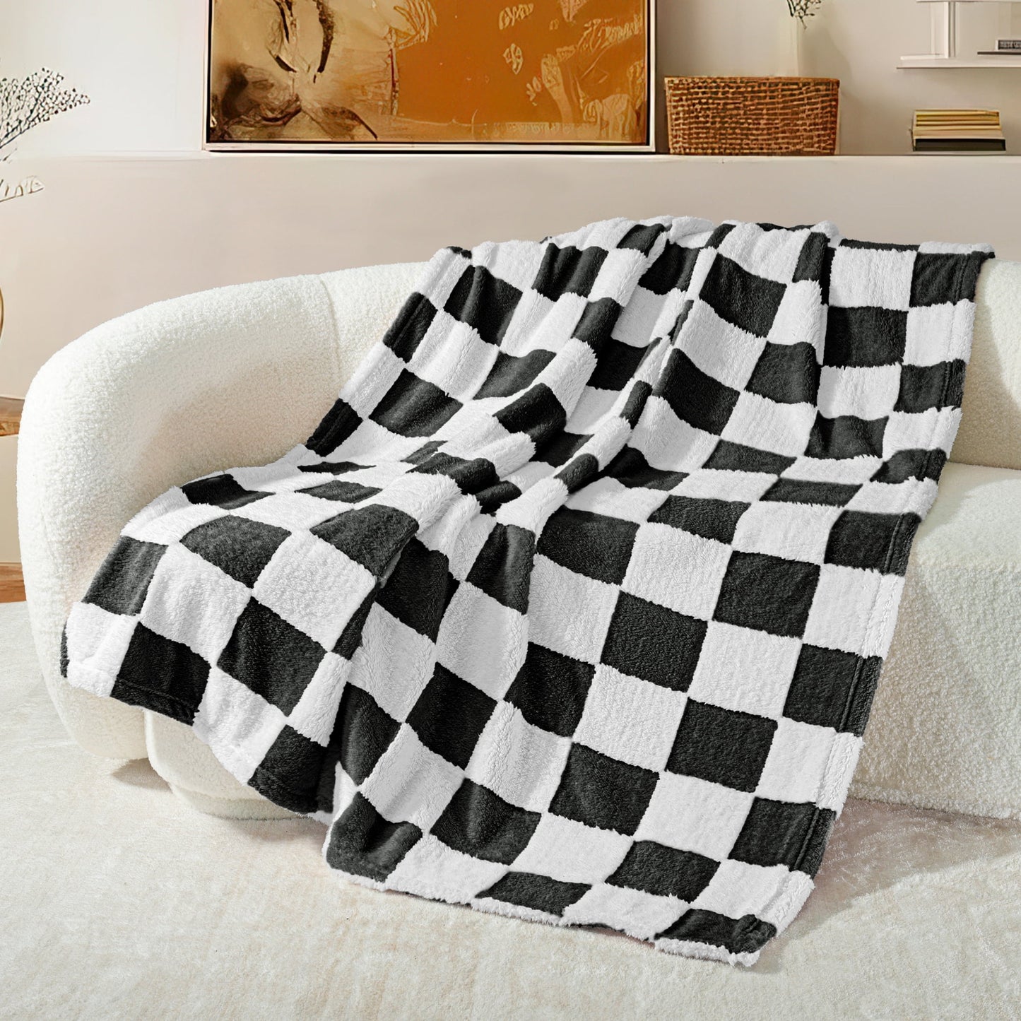 Exclusivo Mezcla Checkered Throw Blanket, Super Soft and Warm Fluffy Fleece Blanket for Couch, Sofa, Bed, Cute Plaid Pattern, Black, 50" x 60"