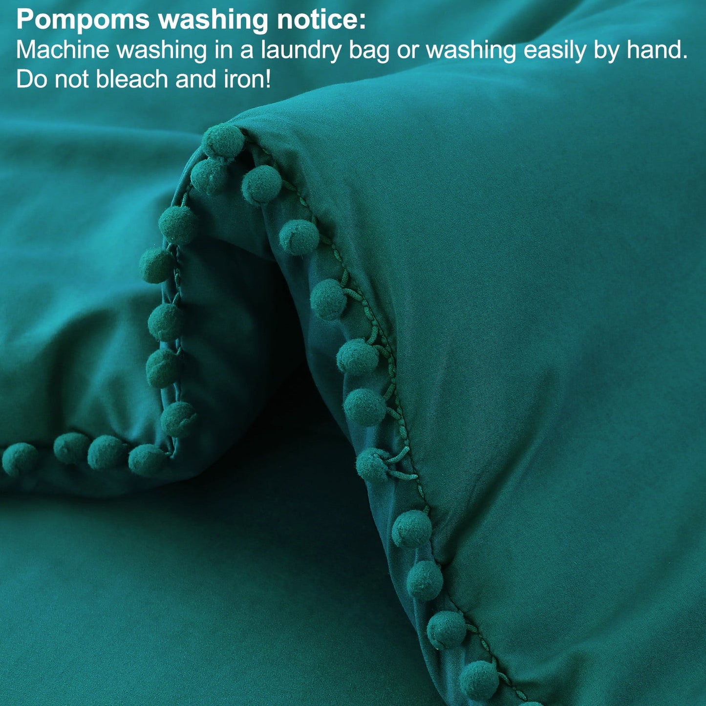 Exclusivo Mezcla Boho Pom Pom Ball Fringe Queen Comforter Set, 3 Piece Dusty Teal Lightweight Down Alternative Bedding Comforter Sets for All Seasons (1 Comforter and 2 Pillowcases)