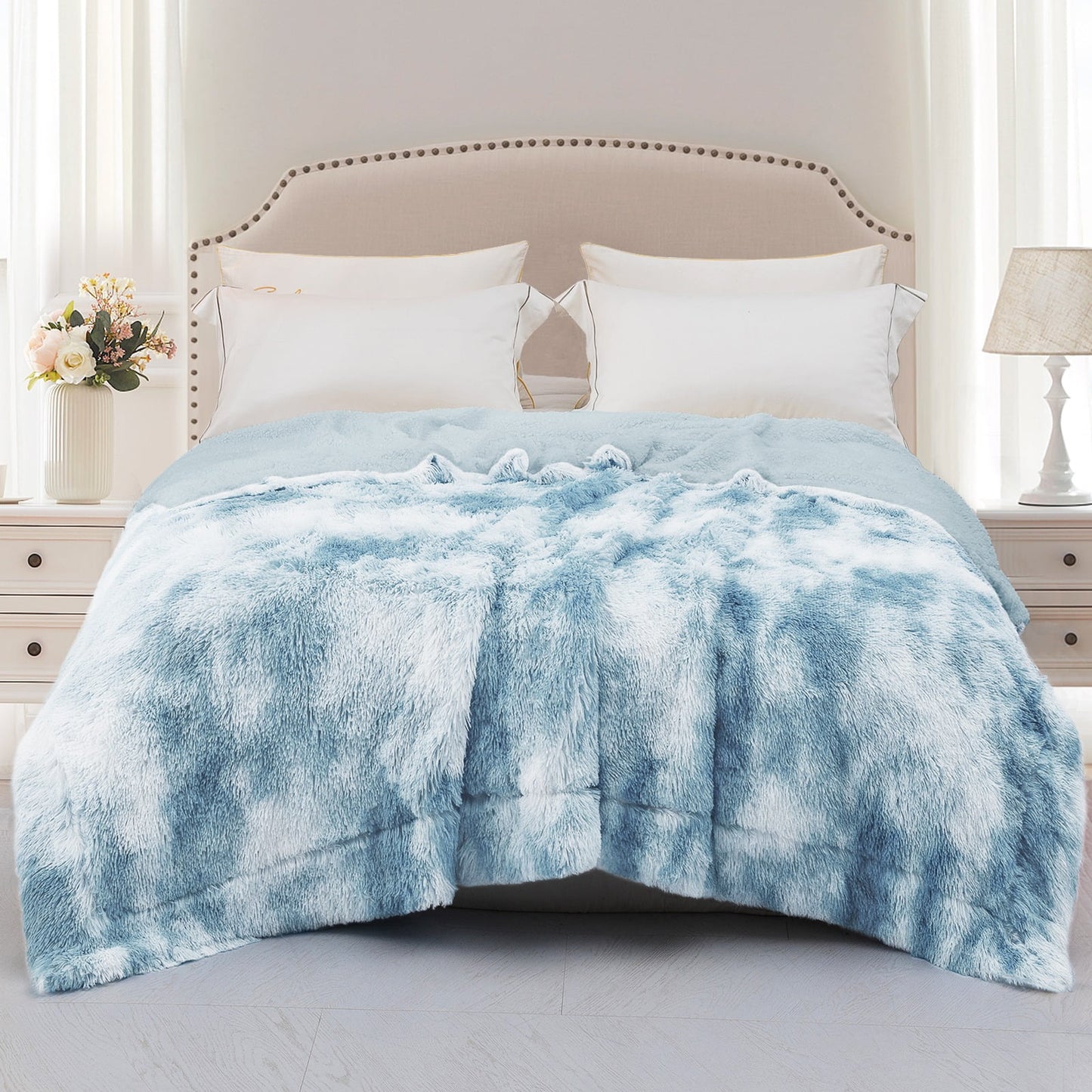 Exclusivo Mezcla Twin Size Faux Fur Bed Blanket, Super Soft Fuzzy and Plush Reversible Sherpa Fleece Blanket and Warm Blankets for Bed, Sofa, Travel, 60X80 inches, Dusty Blue