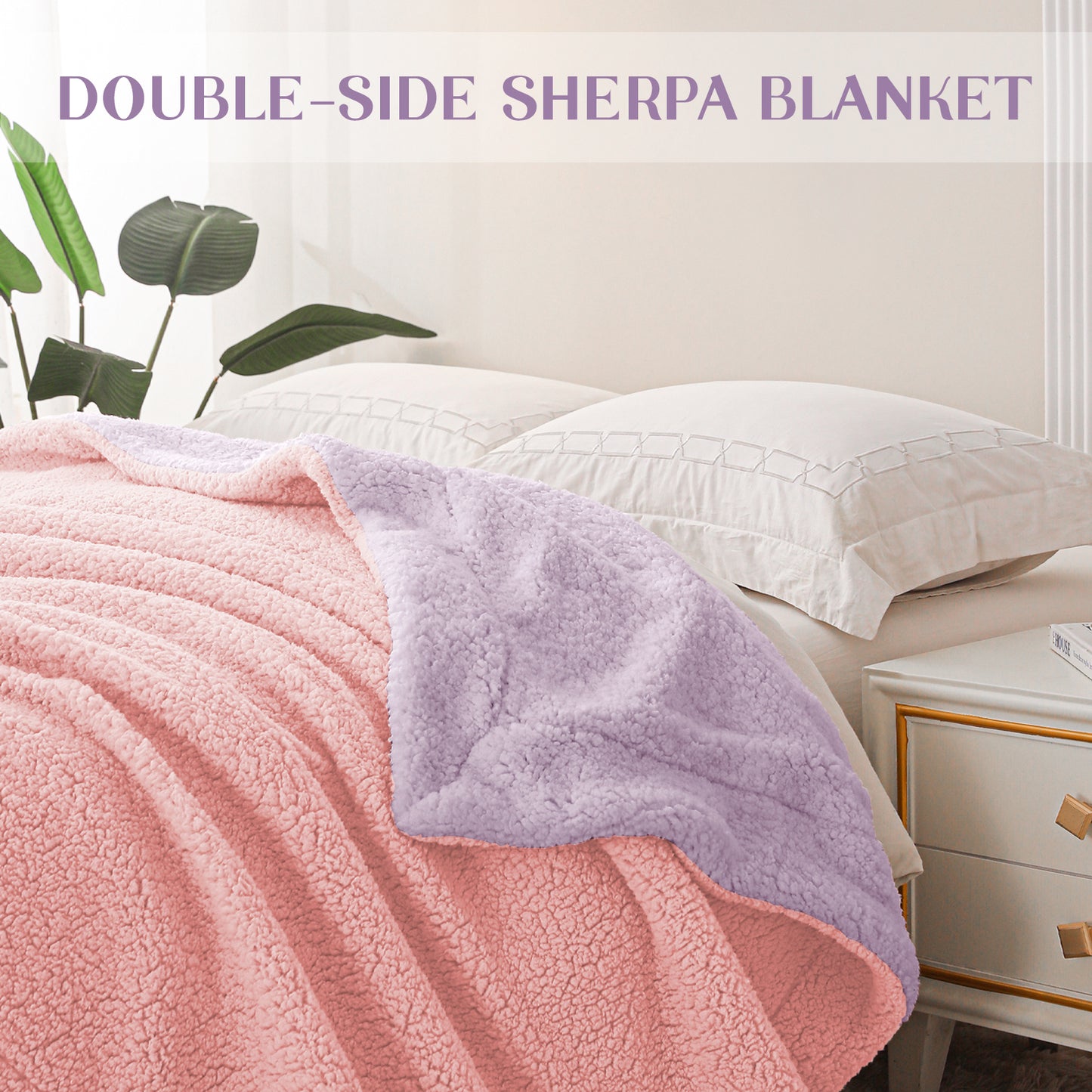 Exclusivo Mezcla Queen Size Reversible Sherpa Fleece Blanket, Soft Plush Blanket for Bed Sofa, Warm Fluffy Blankets for All Season, 90x90 Inches, Light Pink/ Light Purple