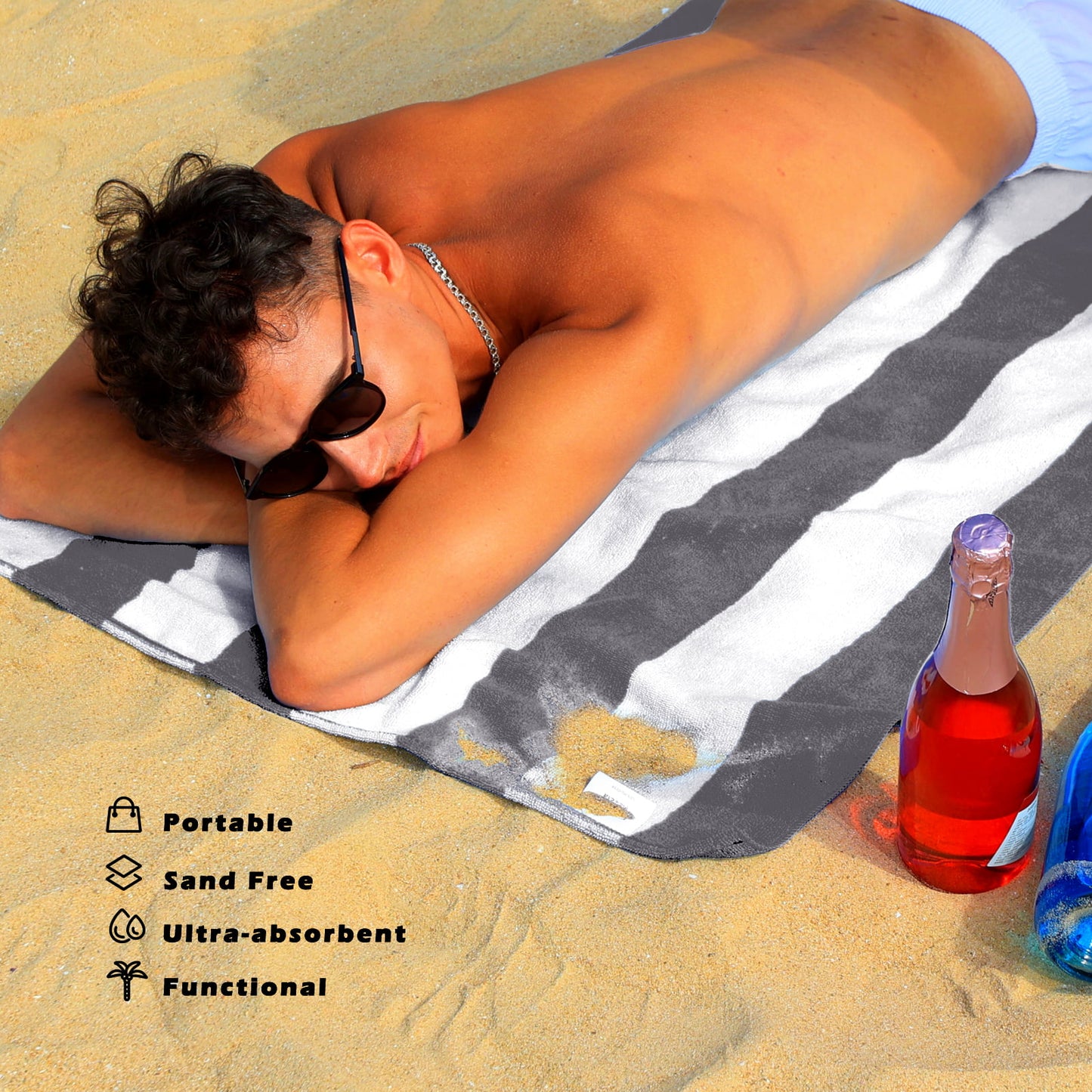 Exclusivo Mezcla 4-Pack Large Beach Towel for Kids and Adults, Microfiber Cabana Striped Pool Beach Towels Set (Grey, 30" x 60"), Lightweight and Highly Absorbent