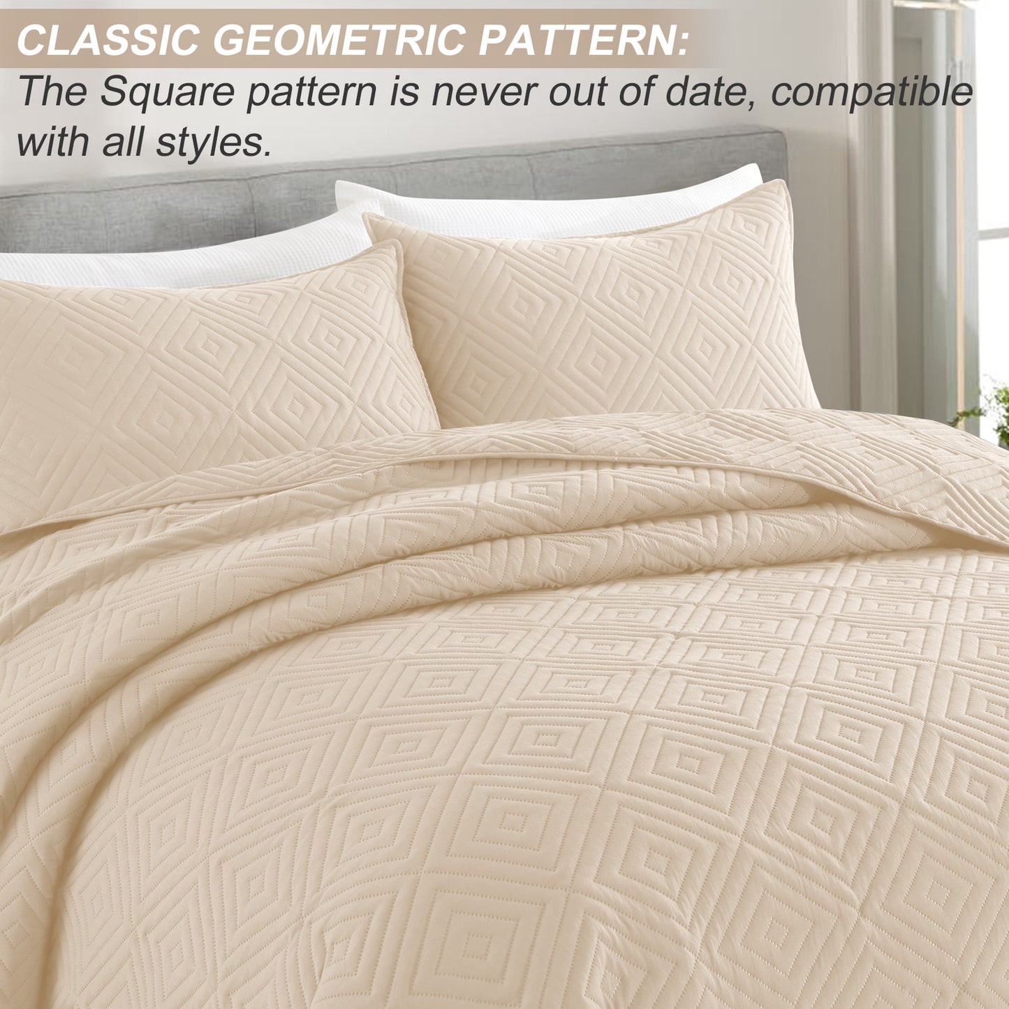 Exclusivo Mezcla 3-Piece Bone King Size Quilt Set, Square Pattern Ultrasonic Lightweight and Soft Quilts/Bedspreads/Coverlets/Bedding Set (1 Quilt, 2 Pillow Shams) for All Seasons