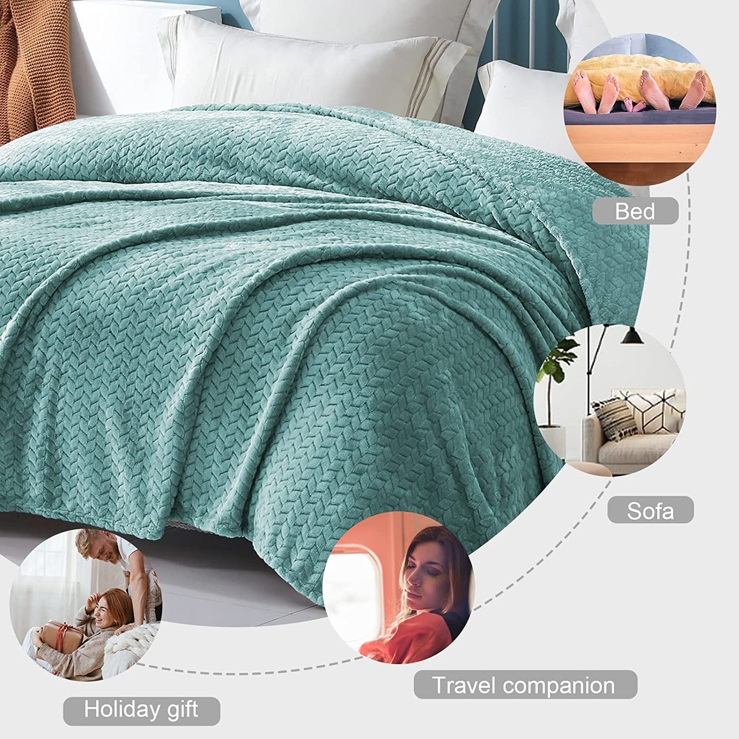 Exclusivo Mezcla Queen Size Jacquard Weave Leaves Pattern Flannel Fleece Velvet Plush Bed Blanket for Couch Bed Sofa (90" x 90", Celadon) - Soft, Lightweight, Warm and Cozy