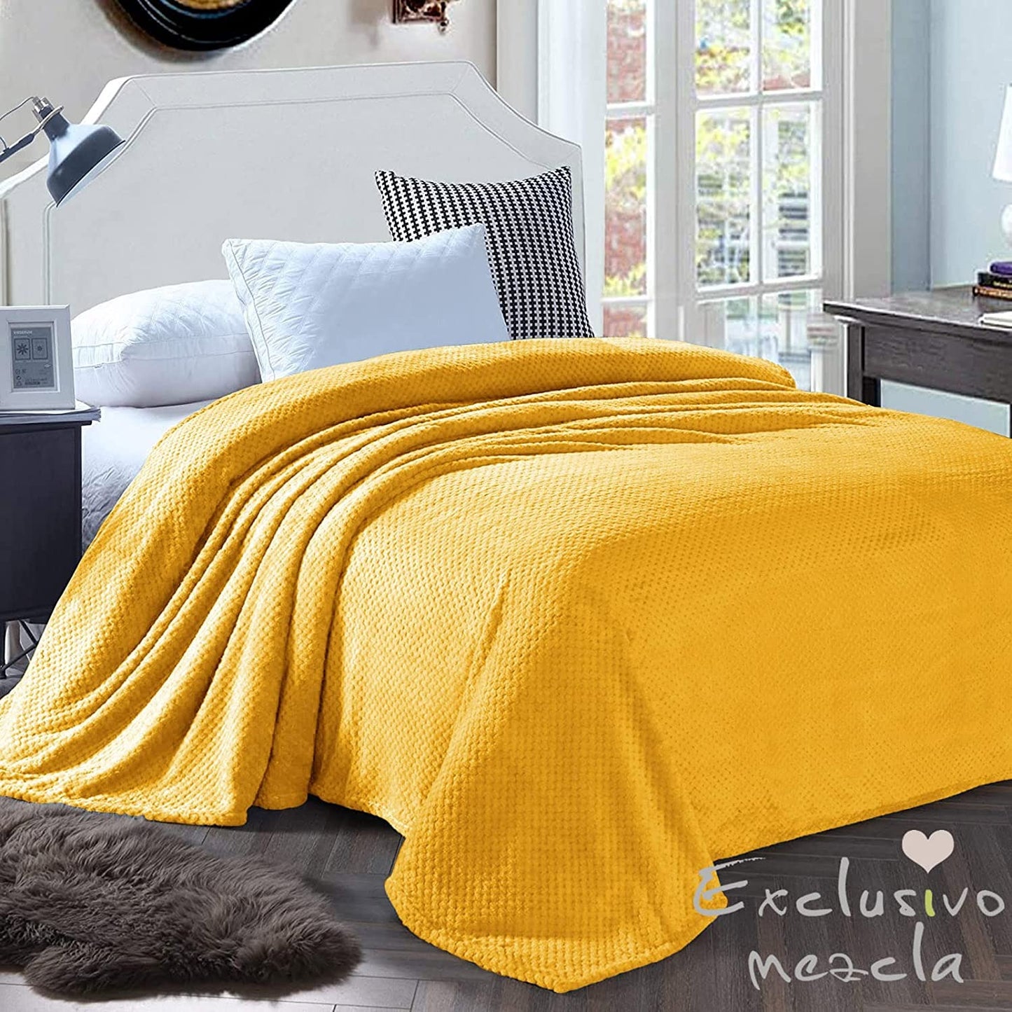Exclusivo Mezcla Waffle Textured Soft Fleece Blanket, King Size Bed Blanket, Cozy Warm and Lightweight (Mustard Yellow, 90x104 inches)