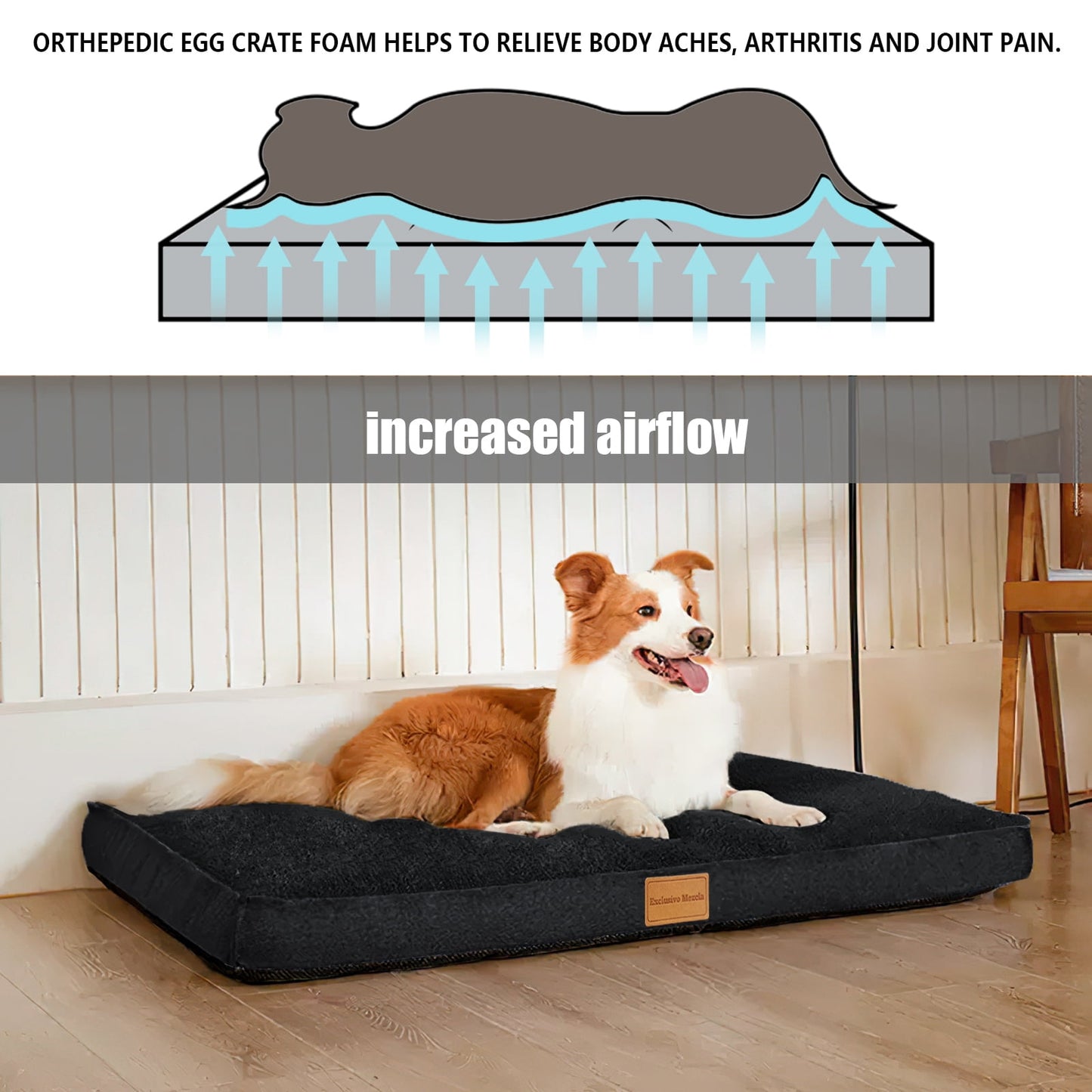 Exclusivo Mezcla Orthopedic Pet Bed for Large Dogs 42"X28", Waterproof Dog Beds with Removable Washable Cover, Black