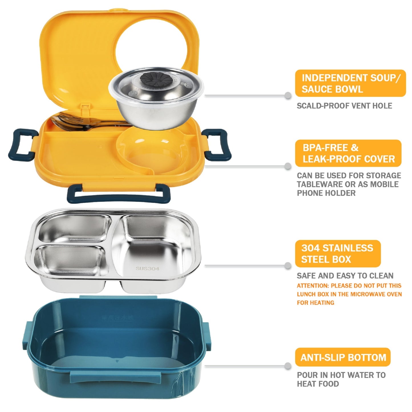 Exclusivo Mezcla Stainless Steel Bento Lunch Box for Kids and Adults,Stackable BPA-Free Food Containers with 3 Compartments and Reusable Sauce Bowl, Fork and Spoon, (1000ml/34oz, Yellow)