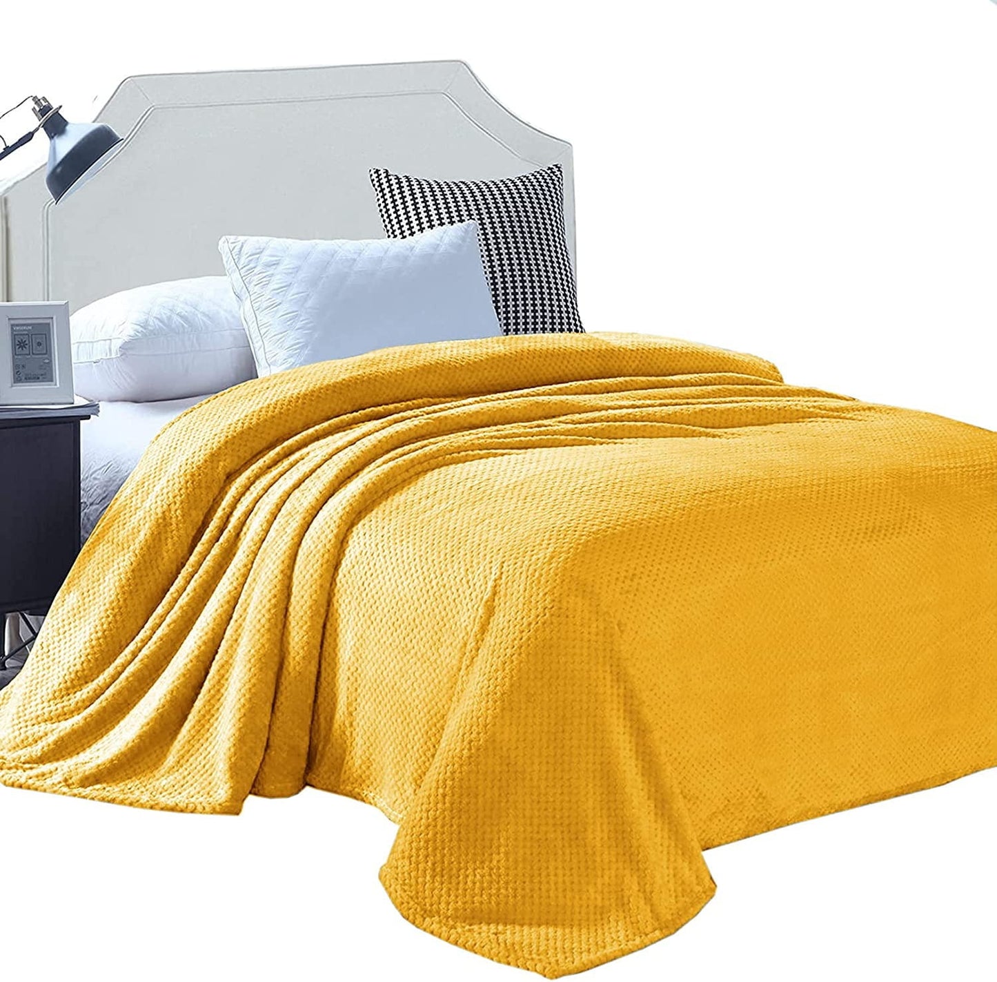 Exclusivo Mezcla Waffle Textured Soft Fleece Blanket, King Size Bed Blanket, Cozy Warm and Lightweight (Mustard Yellow, 90x104 inches)