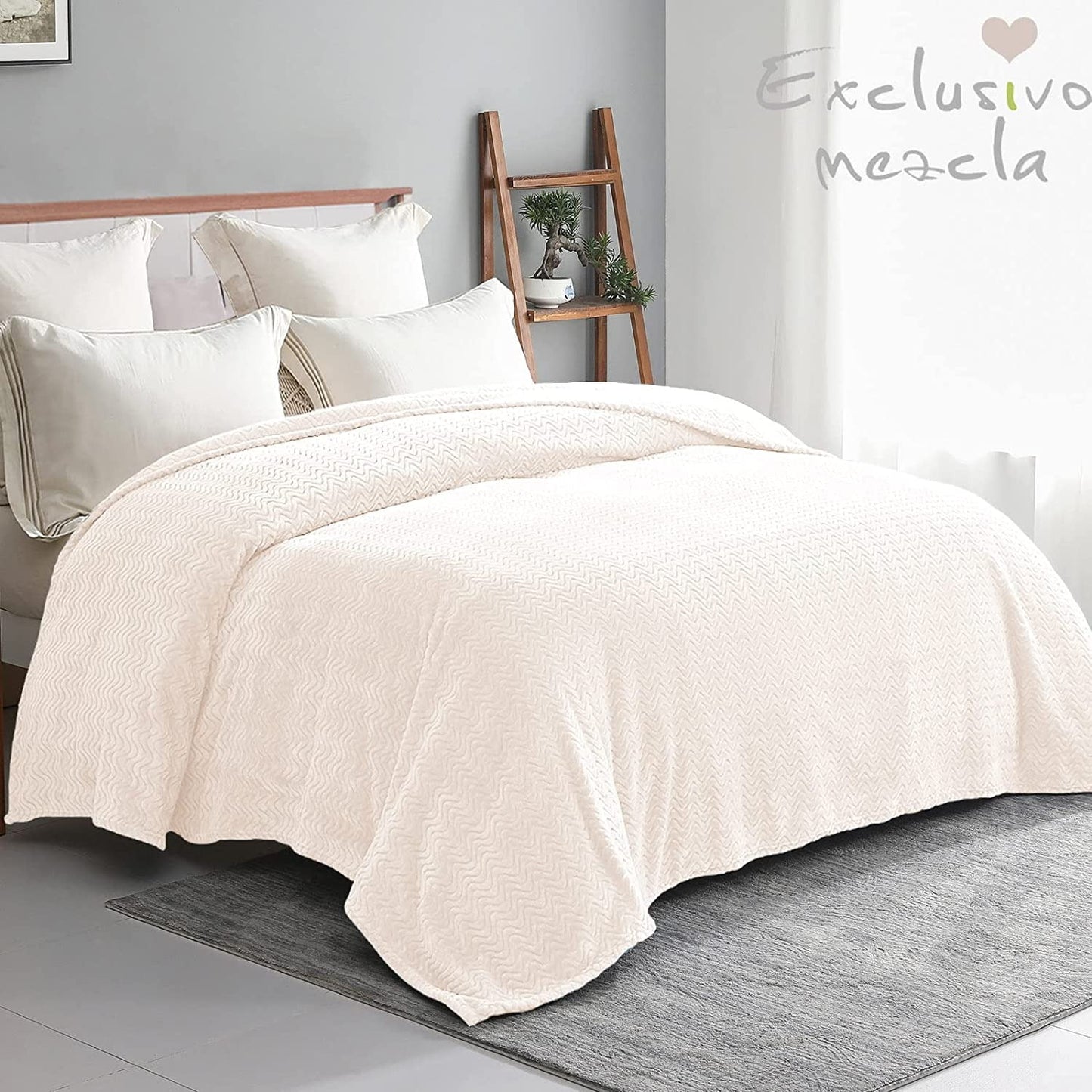 Exclusivo Mezcla Twin Size Jacquard Weave Wave Pattern Flannel Fleece Velvet Plush Bed Blanket as Bedspread/Coverlet/Bed Cover (90" x 66",Ivory) - Soft, Lightweight, Warm and Cozy