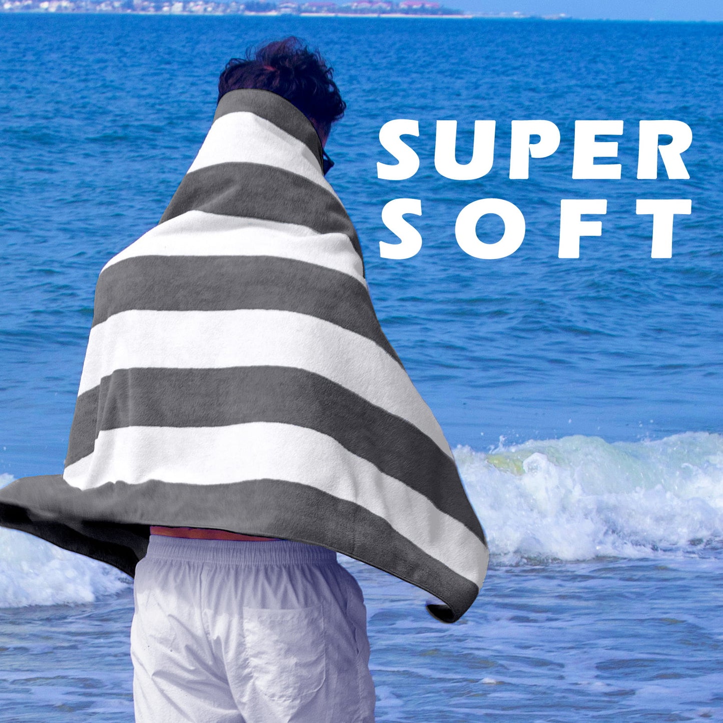 Exclusivo Mezcla 4-Pack Large Beach Towel for Kids and Adults, Microfiber Cabana Striped Pool Beach Towels Set (Grey, 30" x 60"), Lightweight and Highly Absorbent