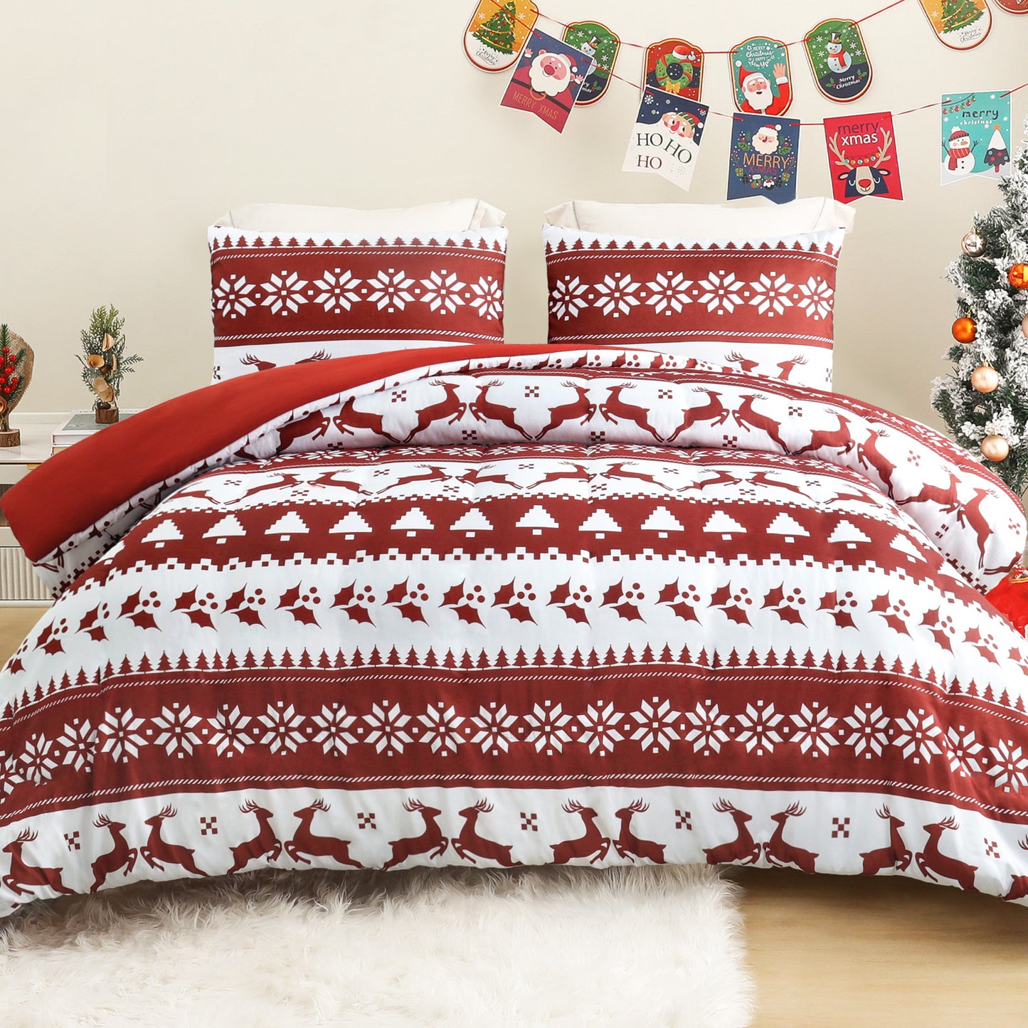 Exclusivo Mezcla Christmas Queen Size Comforter Set, 3 Pieces Reversible White and Rust Red Striped Bedding Comforters, Printed Reindeer Snowflakes Pattern