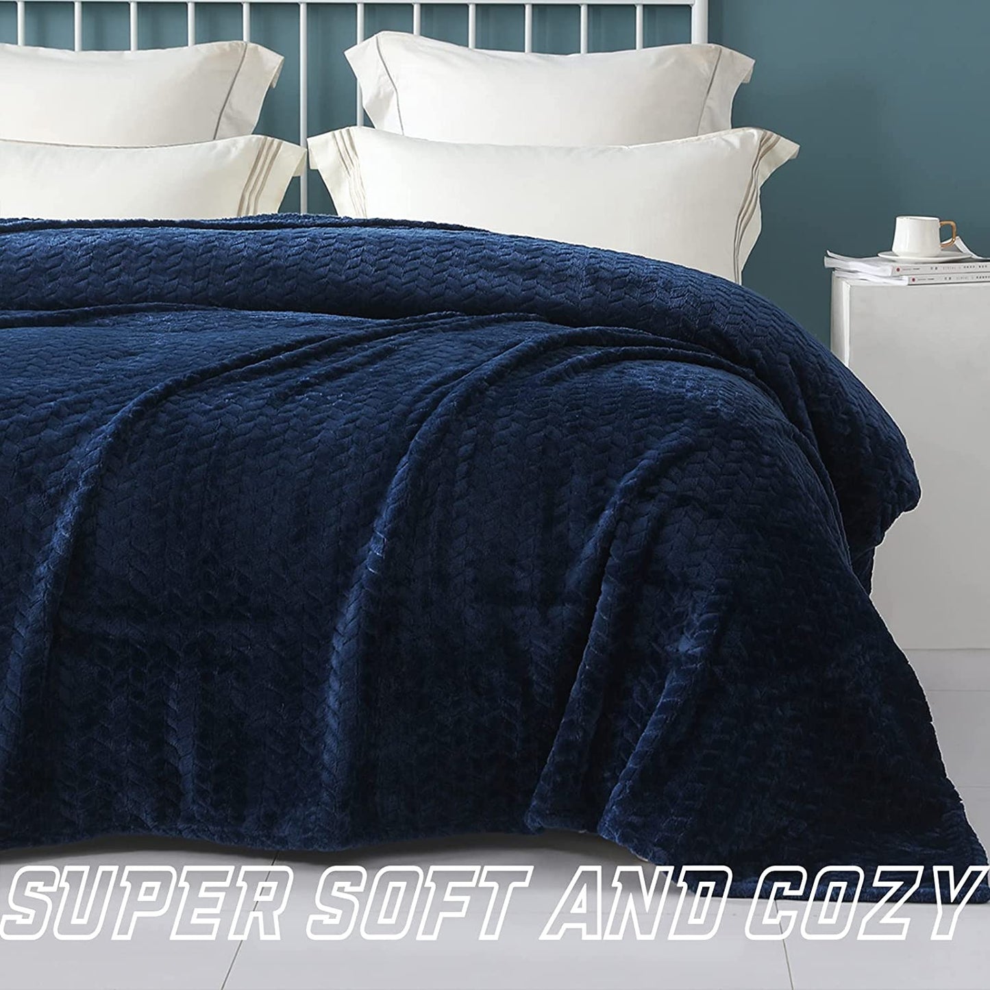 Exclusivo Mezcla King Size Jacquard Weave Leaves Pattern Flannel Fleece Velvet Plush Bed Blanket for Couch Bed Sofa (90" x 104", Navy Blue) - Soft, Lightweight, Warm and Cozy