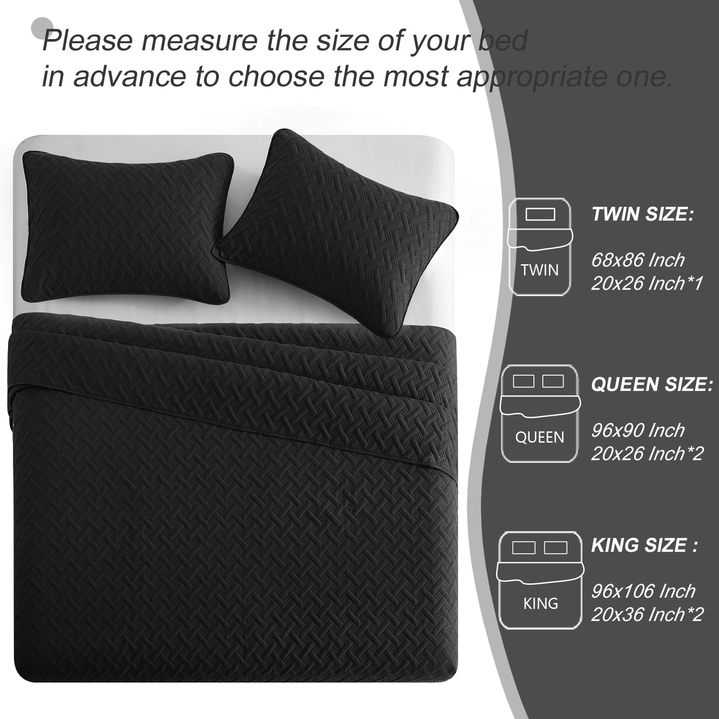 Exclusivo Mezcla 3-Piece Black Queen Size Quilt Set, Weave Pattern Ultrasonic Lightweight and Soft Quilts/Bedspreads/Coverlets/Bedding Set (1 Quilt, 2 Pillow Shams) for All Seasons