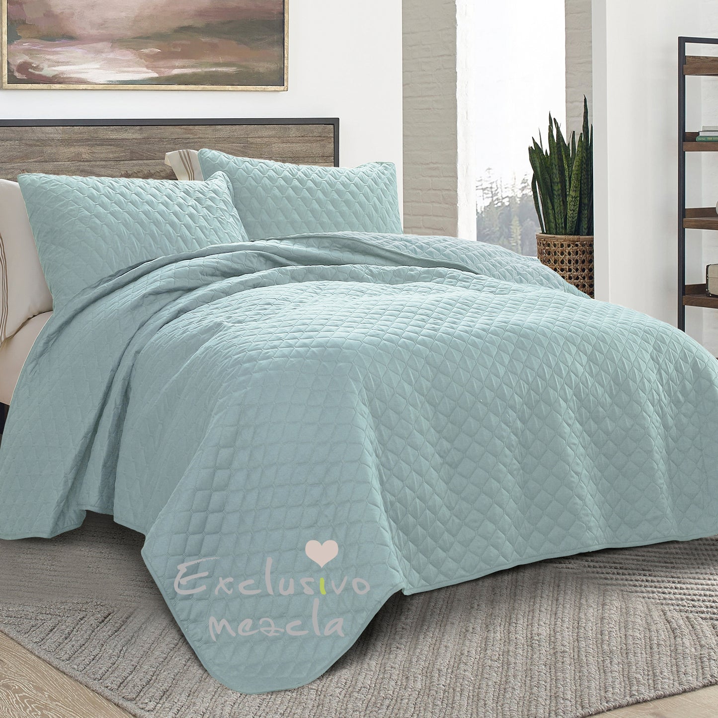 Exclusivo Mezcla Ultrasonic Reversible Full Queen Quilt Bedding Set with Pillow Shams, Lightweight Quilts Queen Size, Soft Bedspreads Bed Coverlets for All Seasons - (Aqua Blue, 90"x96")