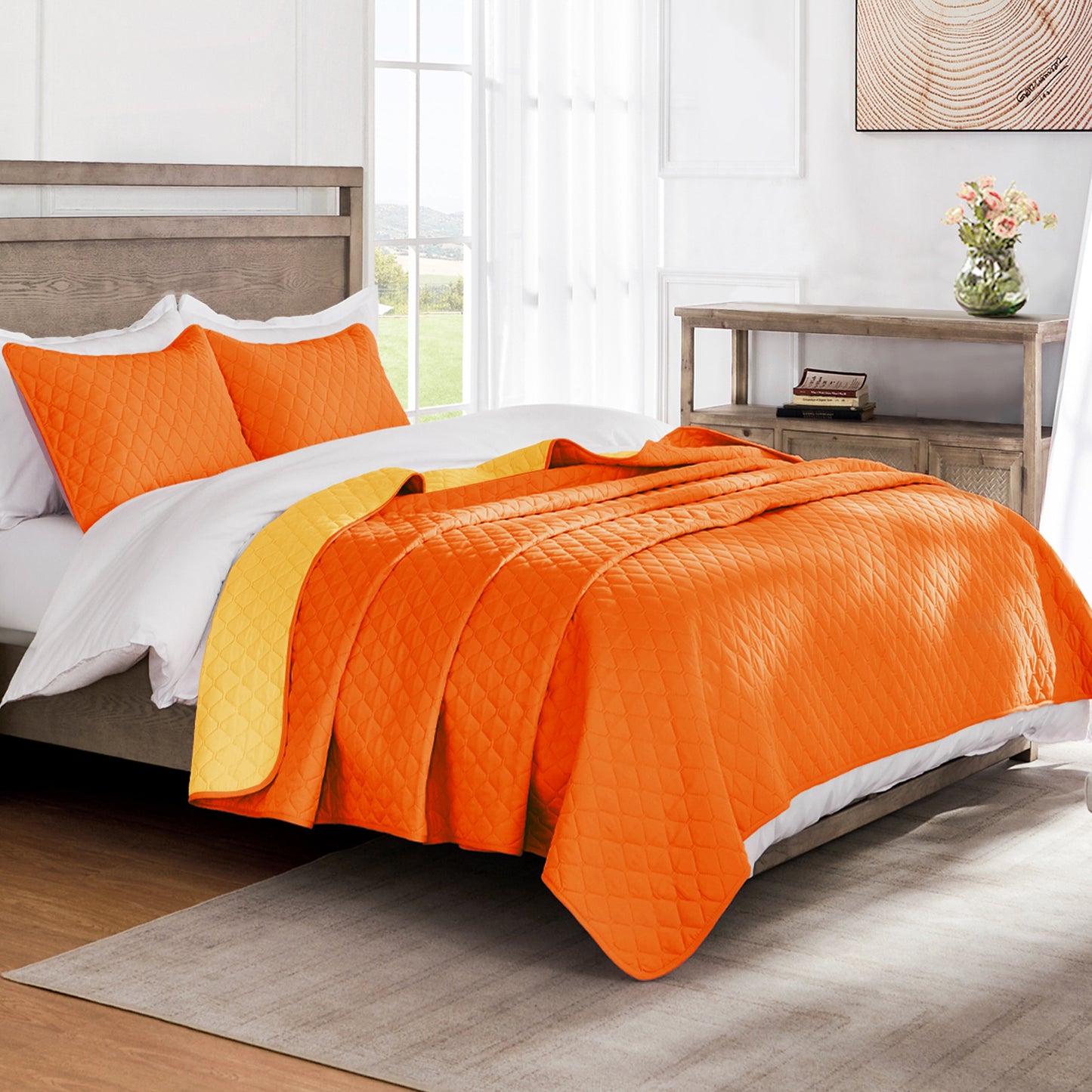 Exclusivo Mezcla Ultrasonic Twin Size Quilt Set with Pillow Sham, Lightweight Bedspreads Coverlet Set - (Orange, 68"x88")