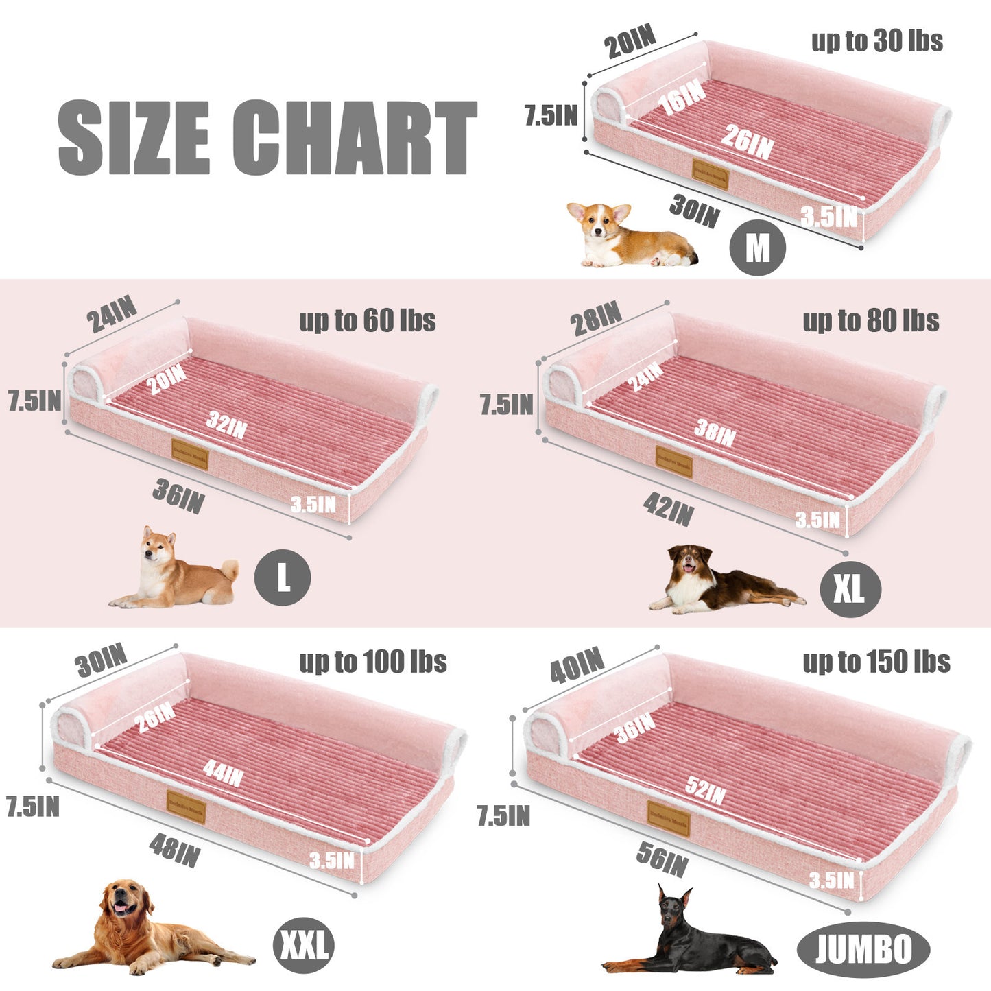 Exclusivo Mezcla Orthopedic Pet Bed for Medium Dogs, 36"X24" Waterproof L Shaped Sofa Dog Bed, Pink
