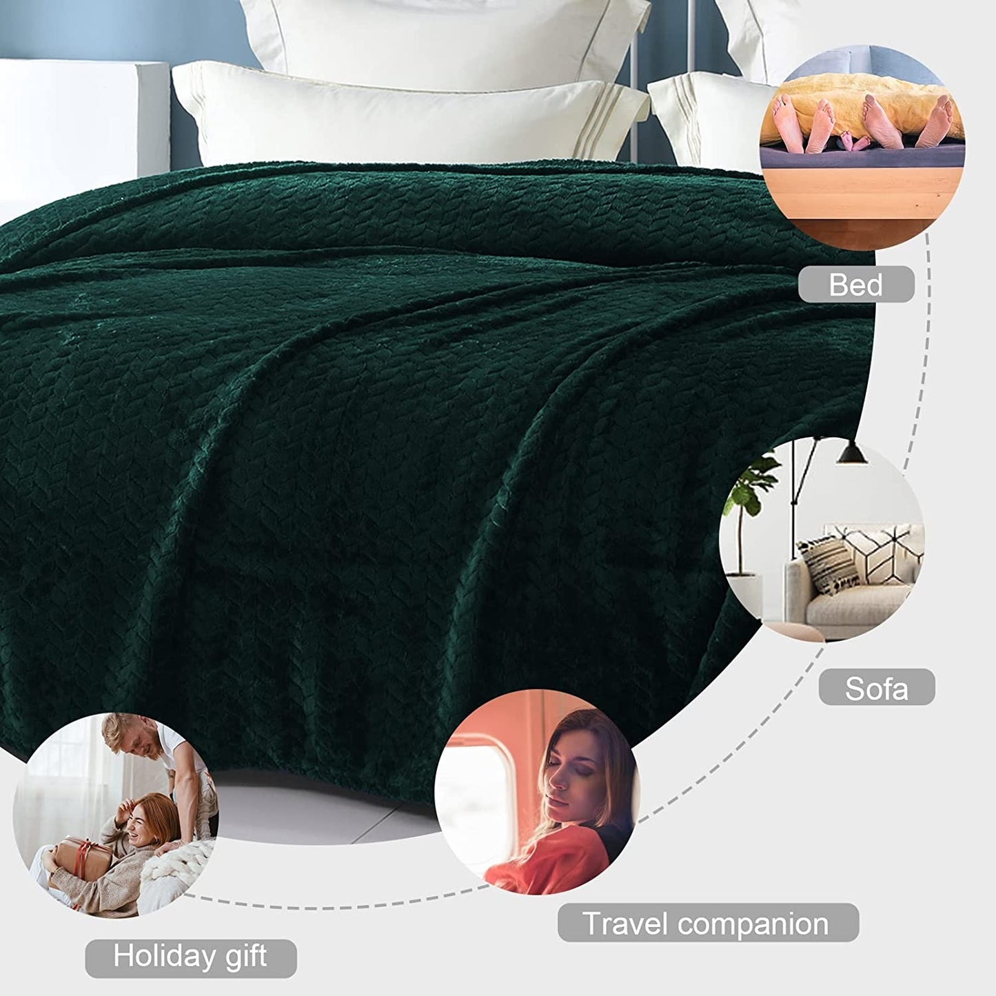 Exclusivo Mezcla King Size Jacquard Weave Leaves Pattern Flannel Fleece Velvet Plush Bed Blanket for Couch Bed Sofa (90" x 104", Forest Green) - Soft, Lightweight, Warm and Cozy