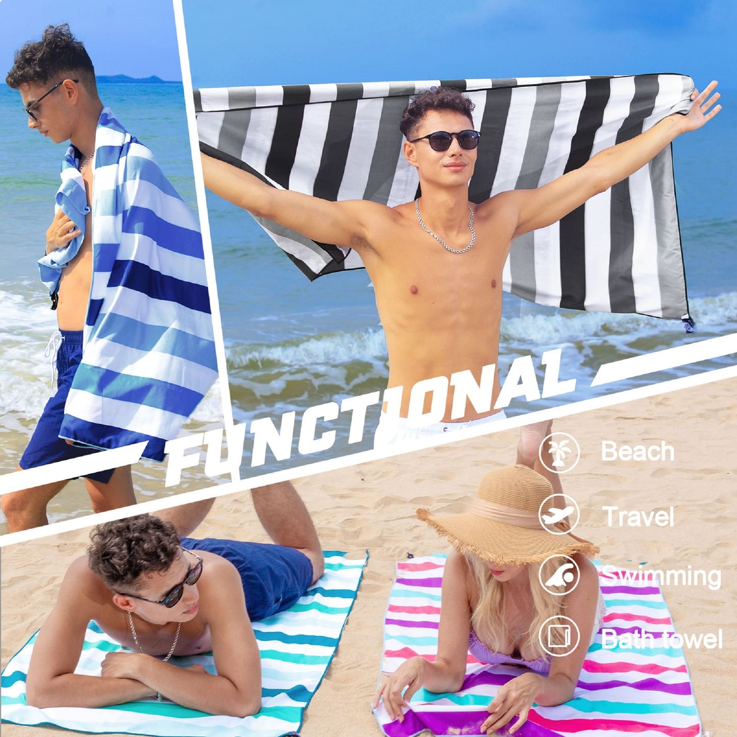 Exclusivo Mezcla Microfiber Quick Dry Beach Towel, Large Sand Free Beach Towel for Travel/ Camping/ Sports (Striped Green, 30"X60") - Super Absorbent, Compact and Lightweight