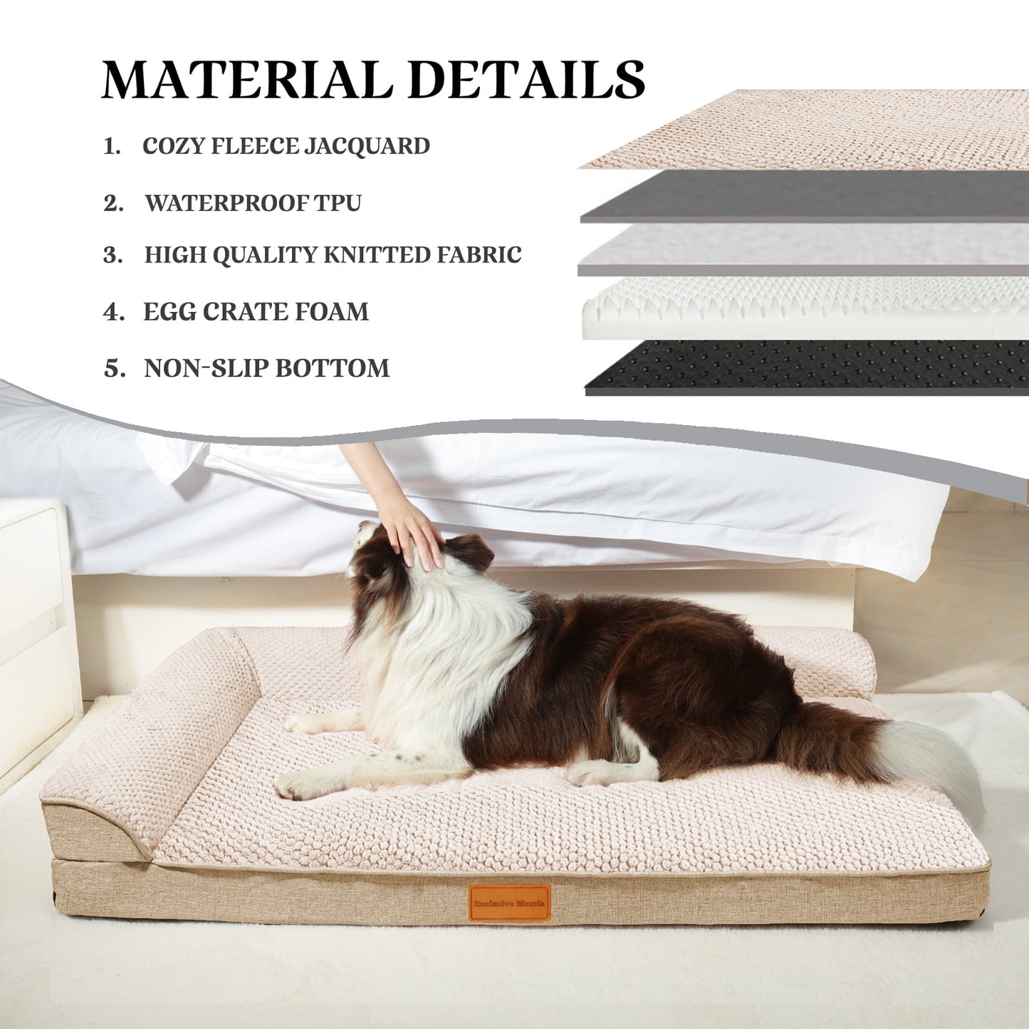 Exclusivo Mezcla Jacquard Orthopedic Pet Bed for Median Dogs, 30"X20" Waterproof L Shaped Dog Bed with Washable Cover, Ivory