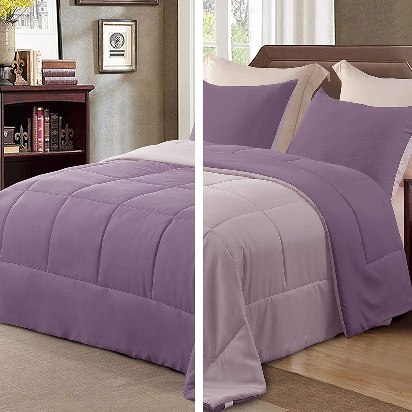 Exclusivo Mezcla Lightweight Reversible 3-Piece Comforter Set All Seasons, Down Alternative Comforter with 2 Pillow Shams, King Size, Dusty Lavender/ Lilac Ash