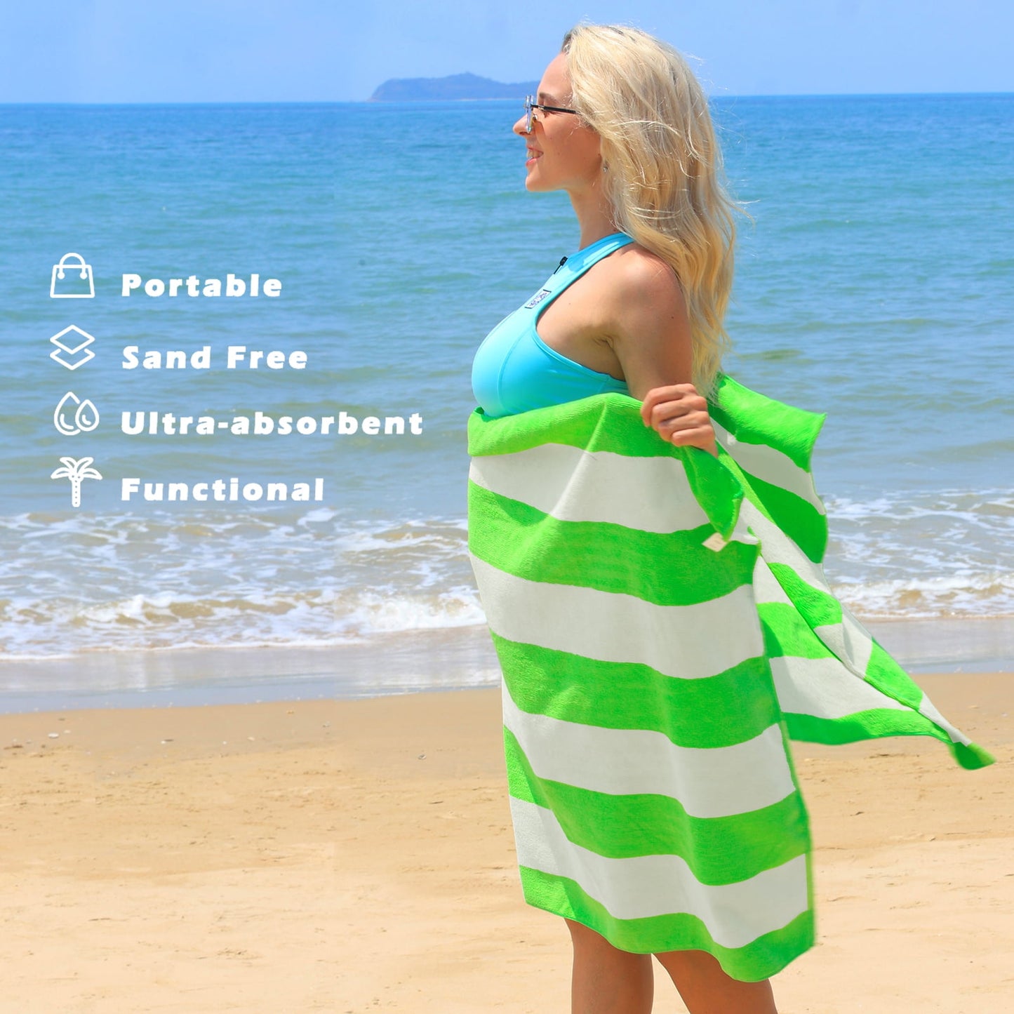Exclusivo Mezcla Microfiber Cabana Striped Large Beach Towel for Adults (Light Green, 30" x 60")-Soft, Quick Dry, Absorbent, and Plush