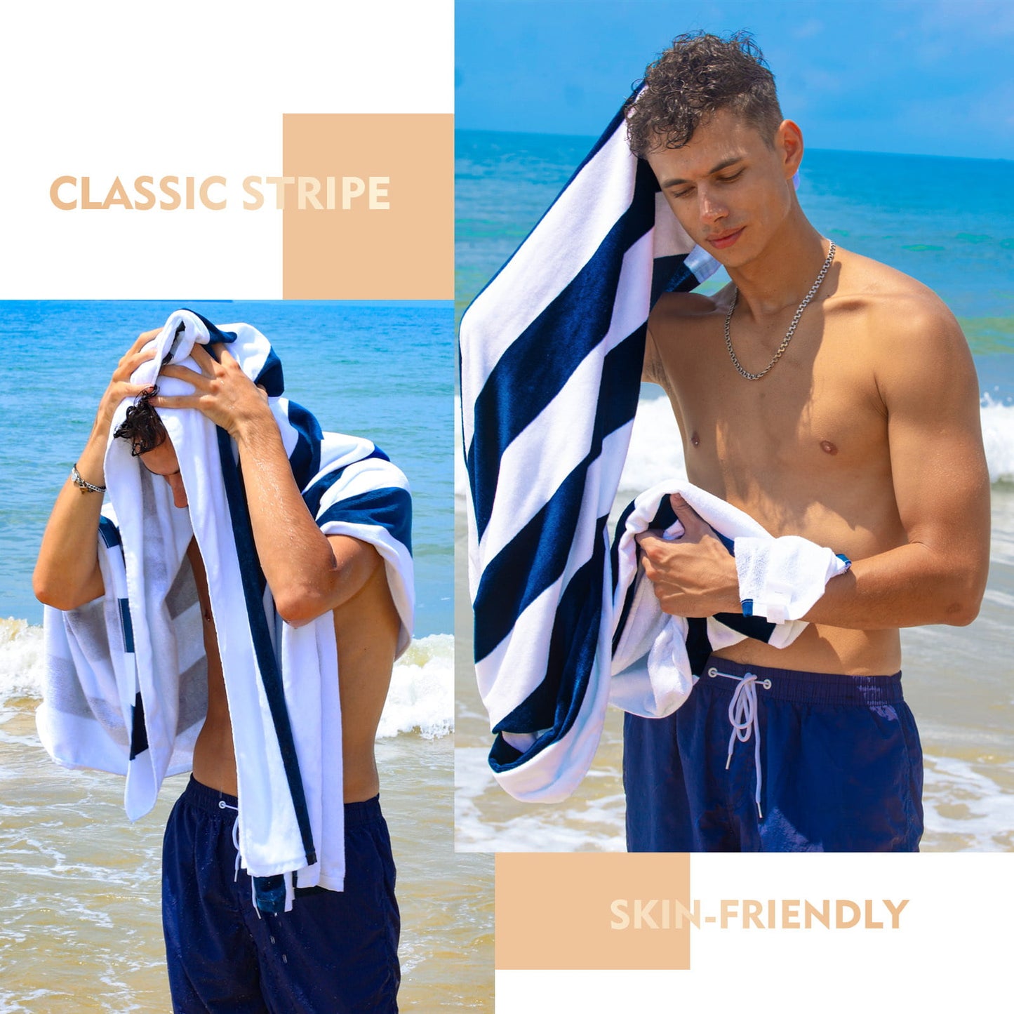 Exclusivo Mezcla 2-Pack 100% Cotton Large Cabana Stripe Beach Towels, Super Absorbent Soft Plush Pool Towel, Bath Towel (Dark Navy, 30"x60")