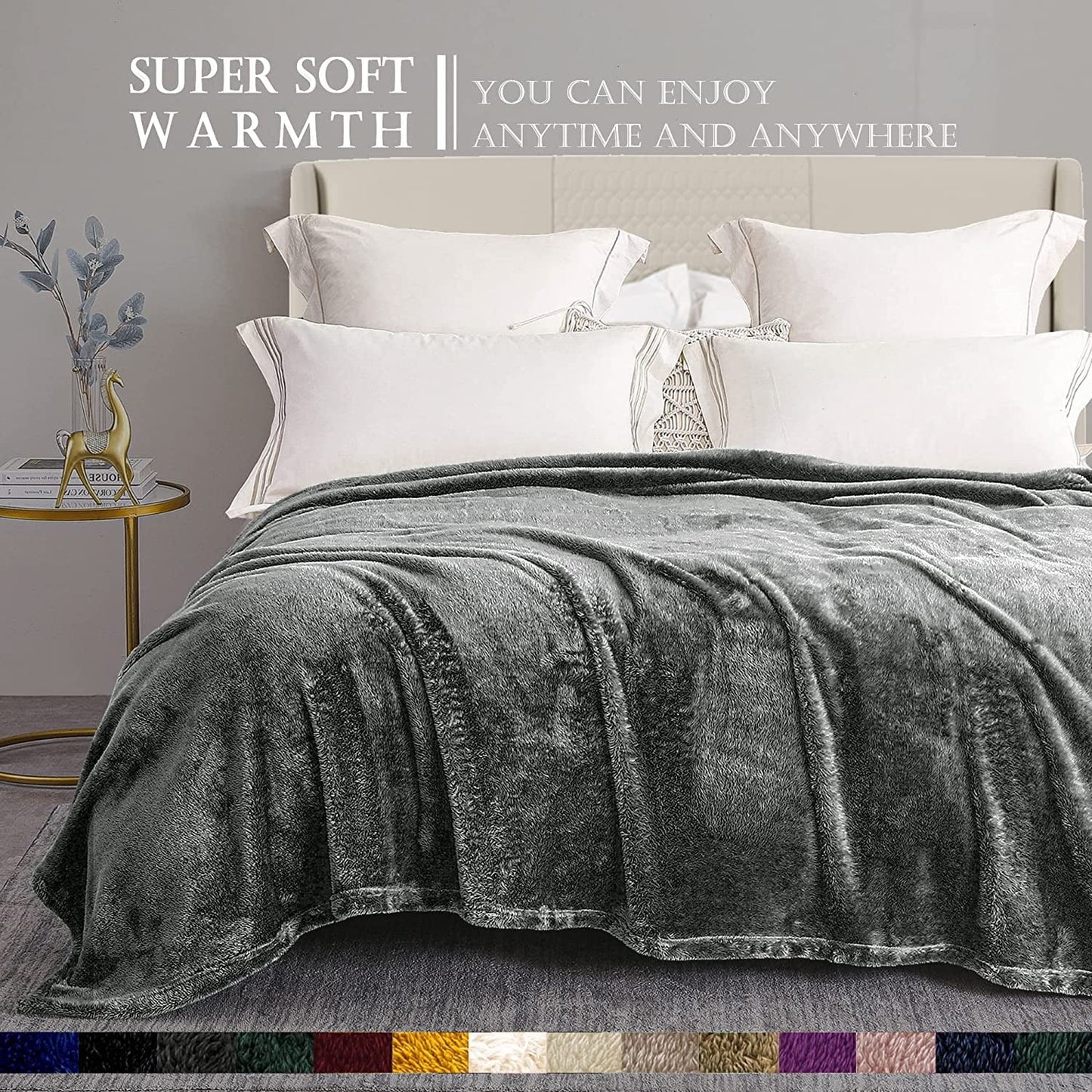 Exclusivo Mezcla Plush Fuzzy Fleece King Size Bed Blanket, Super Soft Fluffy and Thick Blankets for Travel Bed and Couch (Dark Grey, 90x104 inches)
