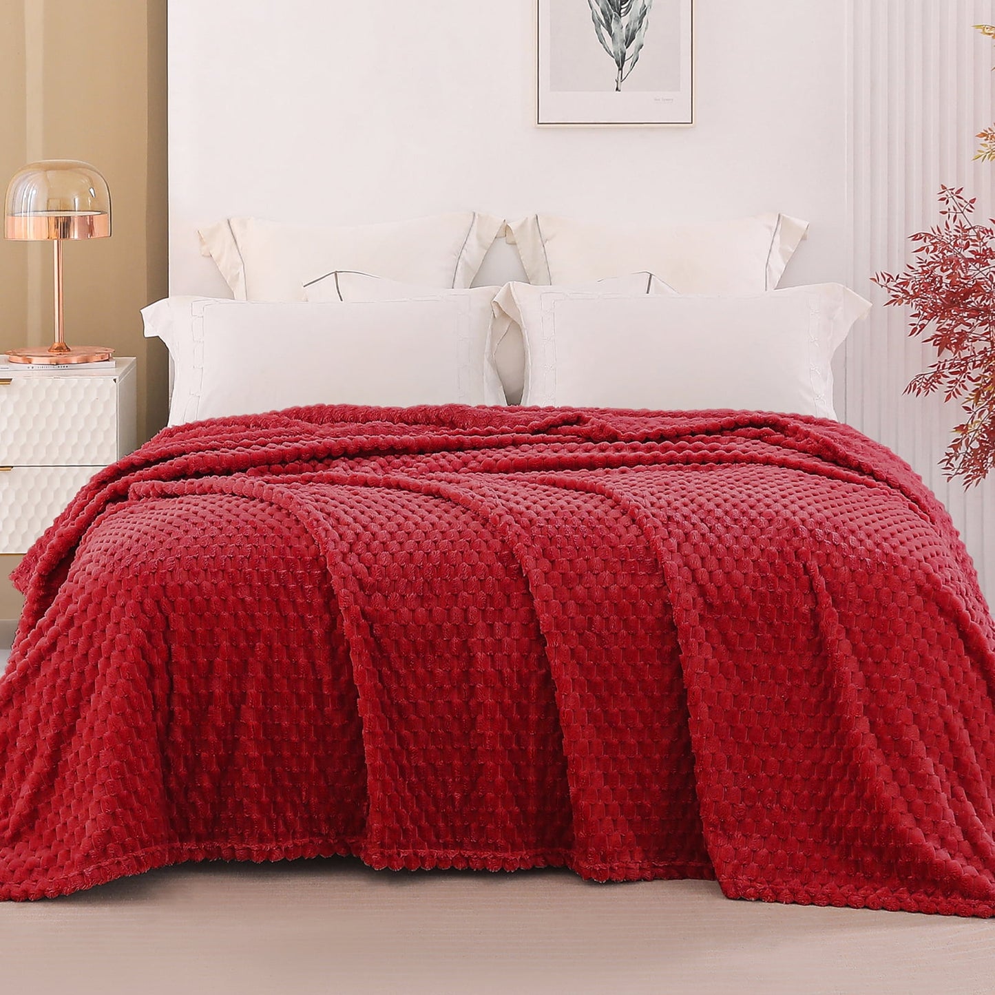 Exclusivo Mezcla Queen Size Soft Fleece Blanket, 90x90 Inches 3D Clouds Stylish Jacquard Velvet Blanket for Bed, Cozy Soft Lightweight for All Season, Deep Red Blanket