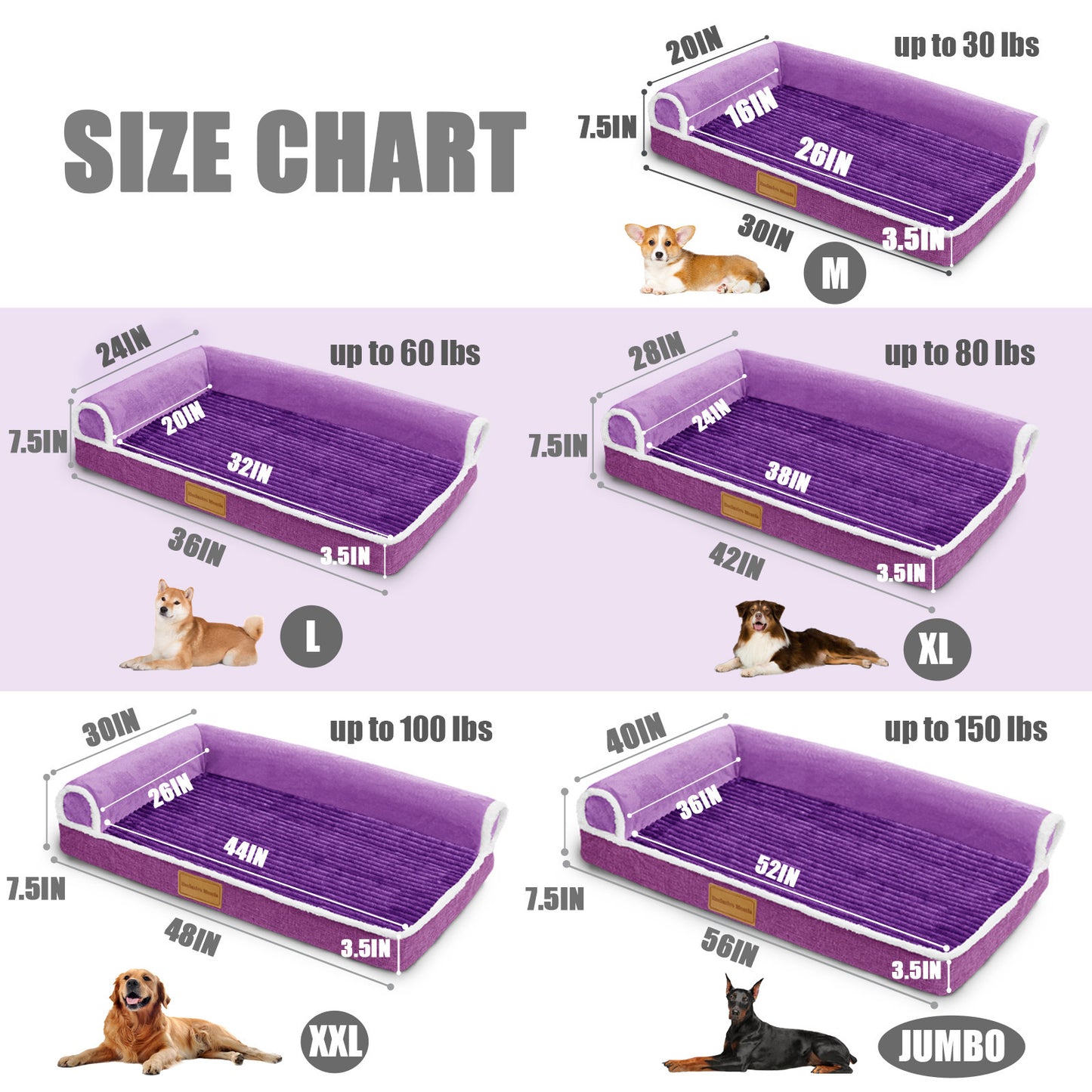 Exclusivo Mezcla Orthopedic Pet Bed for Extra Large Dogs, 56"X40" Waterproof L Shaped Sofa Dog Bed, Purple