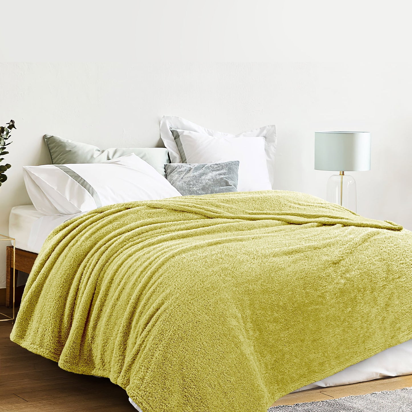 Exclusivo Mezcla Fuzzy Fleece Bed Blanket, Lightweight Fluffy Solid Velvet Blankets Queen Size, Suitable for All Seasons, 90x90 Inches, Light Green