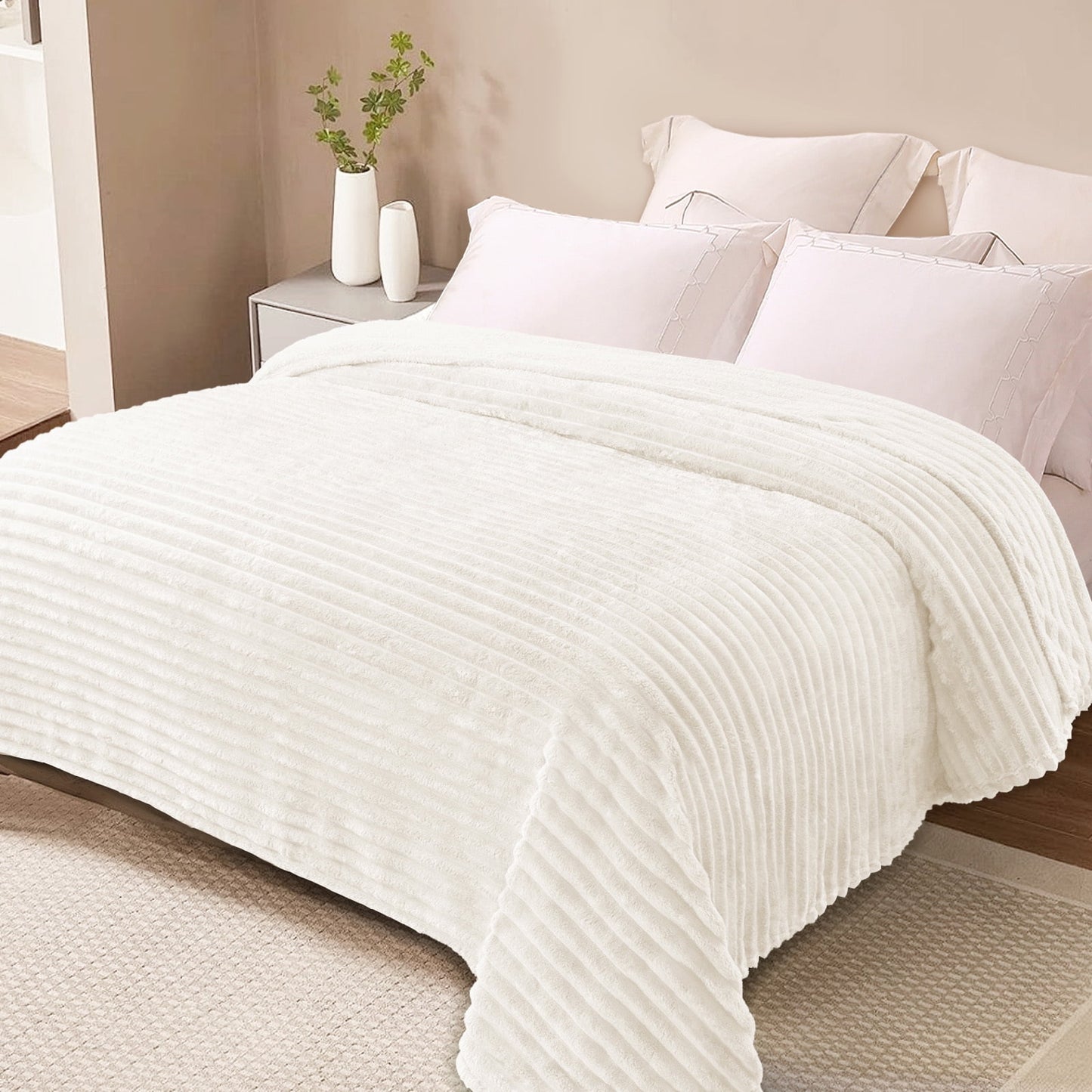 Exclusivo Mezcla King Size Flannel Fleece Blanket, Super Soft 3D Striped Jacquard Bed Blanket, Lightweight Fuzzy Cozy Blankets for All Seasons, 90x104 Inches, Ivory Blanket