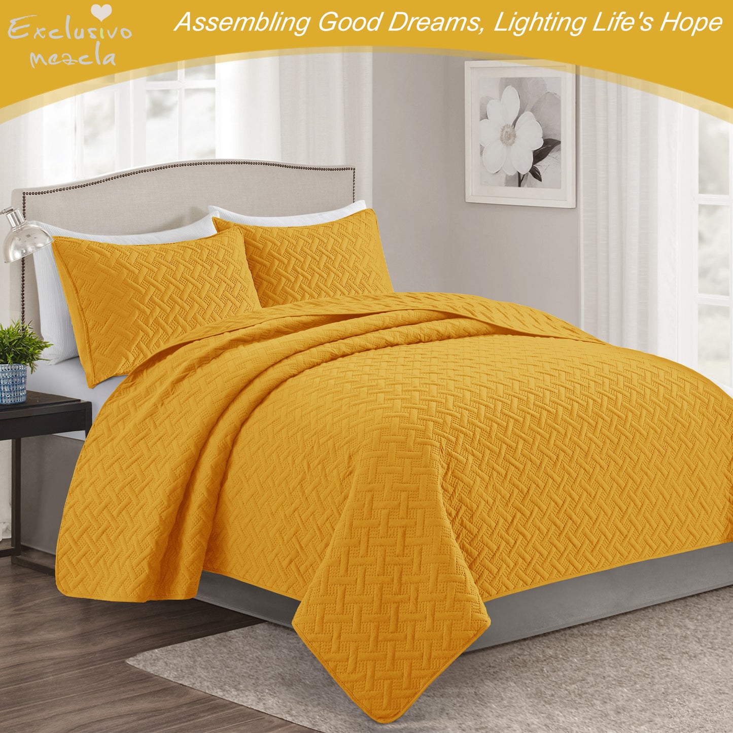 Exclusivo Mezcla 3-Piece Yellow Queen Size Quilt Set, Weave Pattern Ultrasonic Lightweight and Soft Quilts/Bedspreads/Coverlets/Bedding Set (1 Quilt, 2 Pillow Shams) for All Seasons