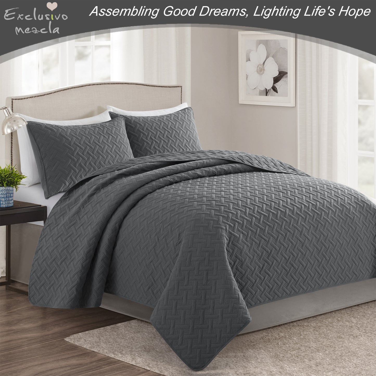 Exclusivo Mezcla 2-Piece Gray Twin Size Quilt Set, Weave Pattern Ultrasonic Lightweight and Soft Quilts/Bedspreads/Coverlets/Bedding Set (1 Quilt, 1 Pillow Sham) for All Seasons