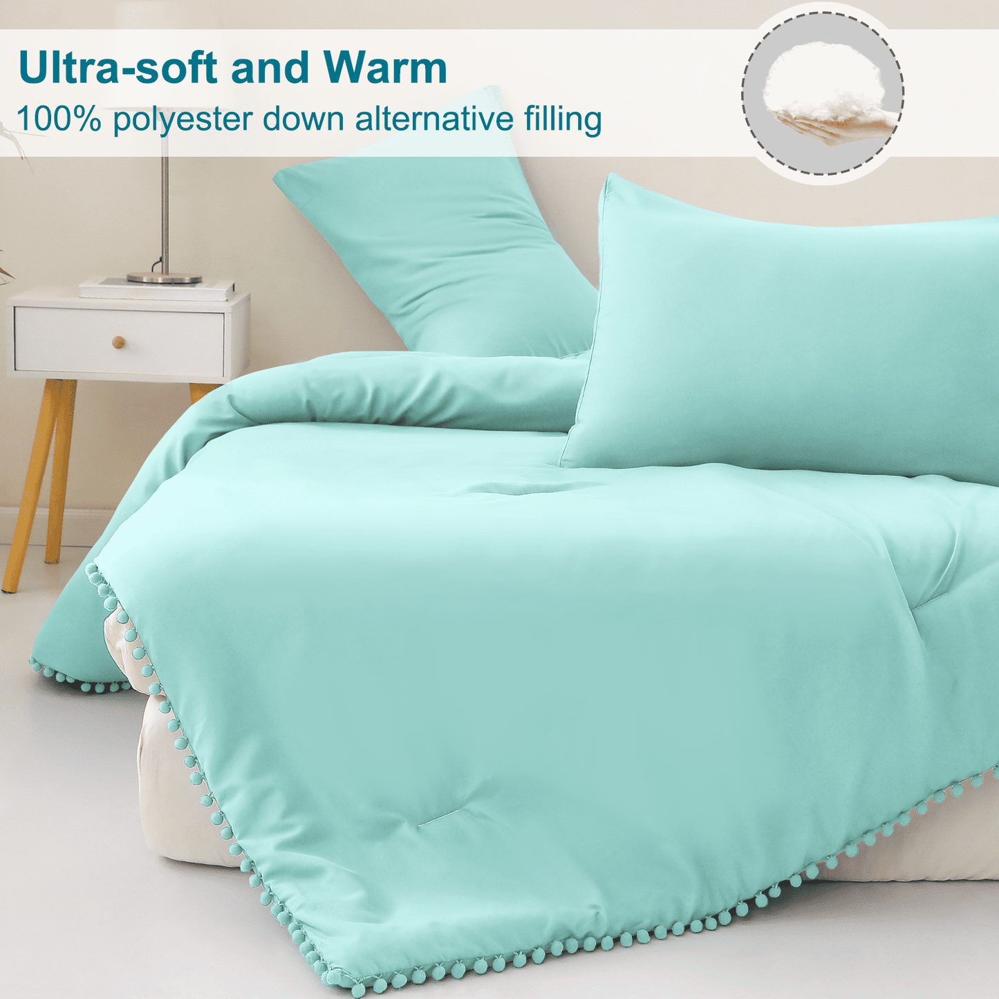 Exclusivo Mezcla Boho Pom Pom Ball Fringe Queen Comforter Set, 3 Piece Aqua Blue Lightweight Down Alternative Bedding Comforter Sets for All Seasons (1 Comforter and 2 Pillowcases)
