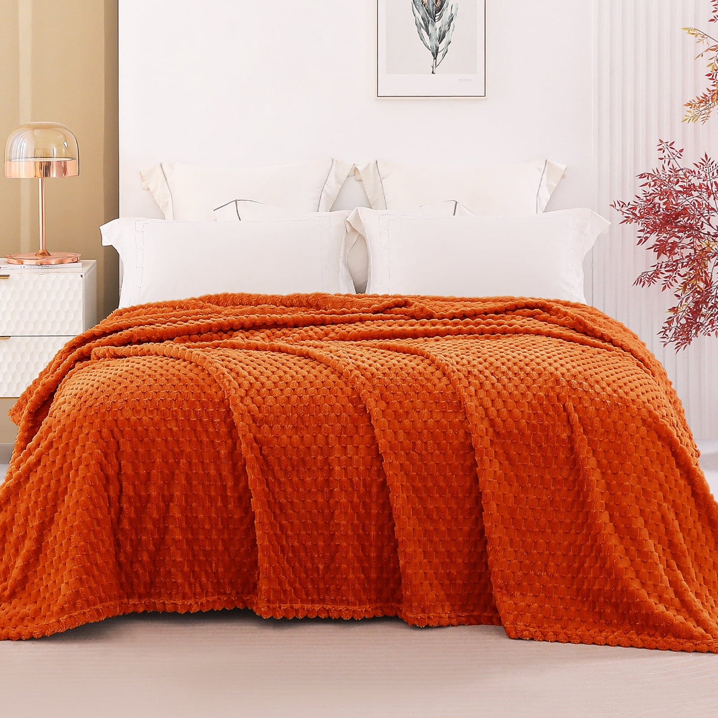 Exclusivo Mezcla King Size Soft Fleece Blanket, 90x104 Inches 3D Clouds Stylish Jacquard Velvet Blanket for Bed, Cozy Soft Lightweight for All Season, Burnt Orange Blanket