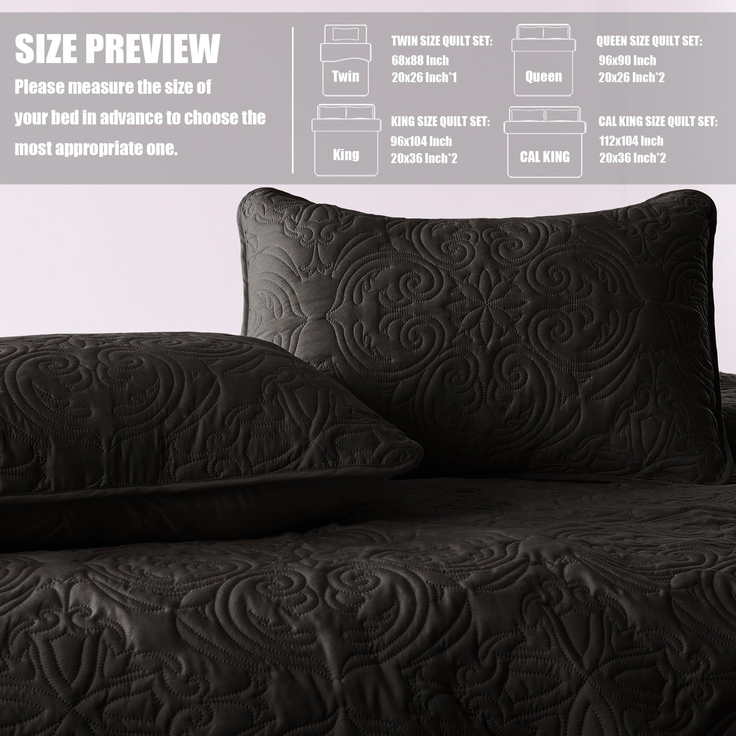 Exclusivo Mezcla King Quilt Bedding Set, Lightweight Vintage King Size Quilts with Pillow Shams, Soft Bedspreads Coverlets for All Seasons, (104"x96", Black)