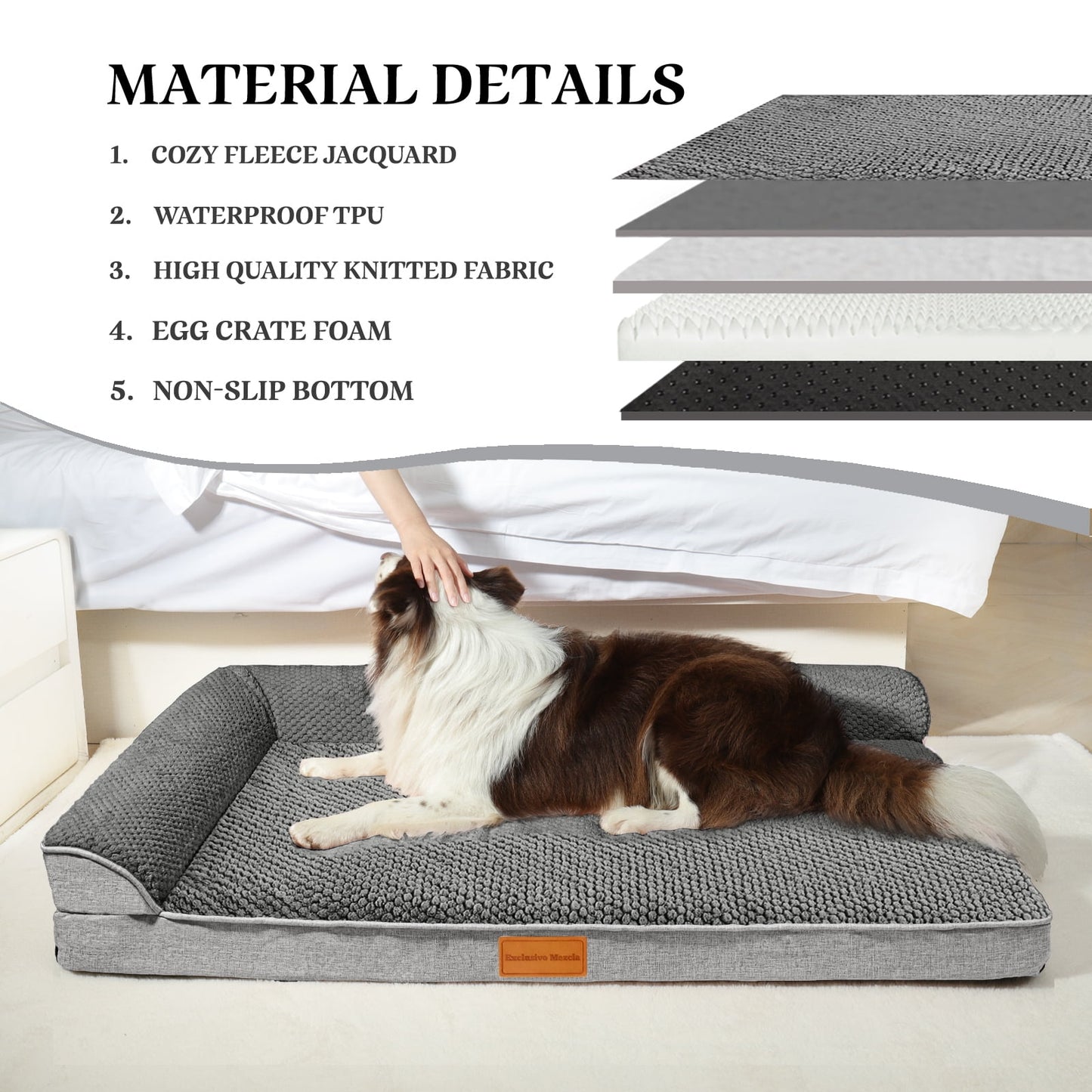 Exclusivo Mezcla Jacquard Orthopedic Pet Bed for Extra Large Dogs, 48"X30" Waterproof L Shaped Dog Bed with Washable Cover, Grey