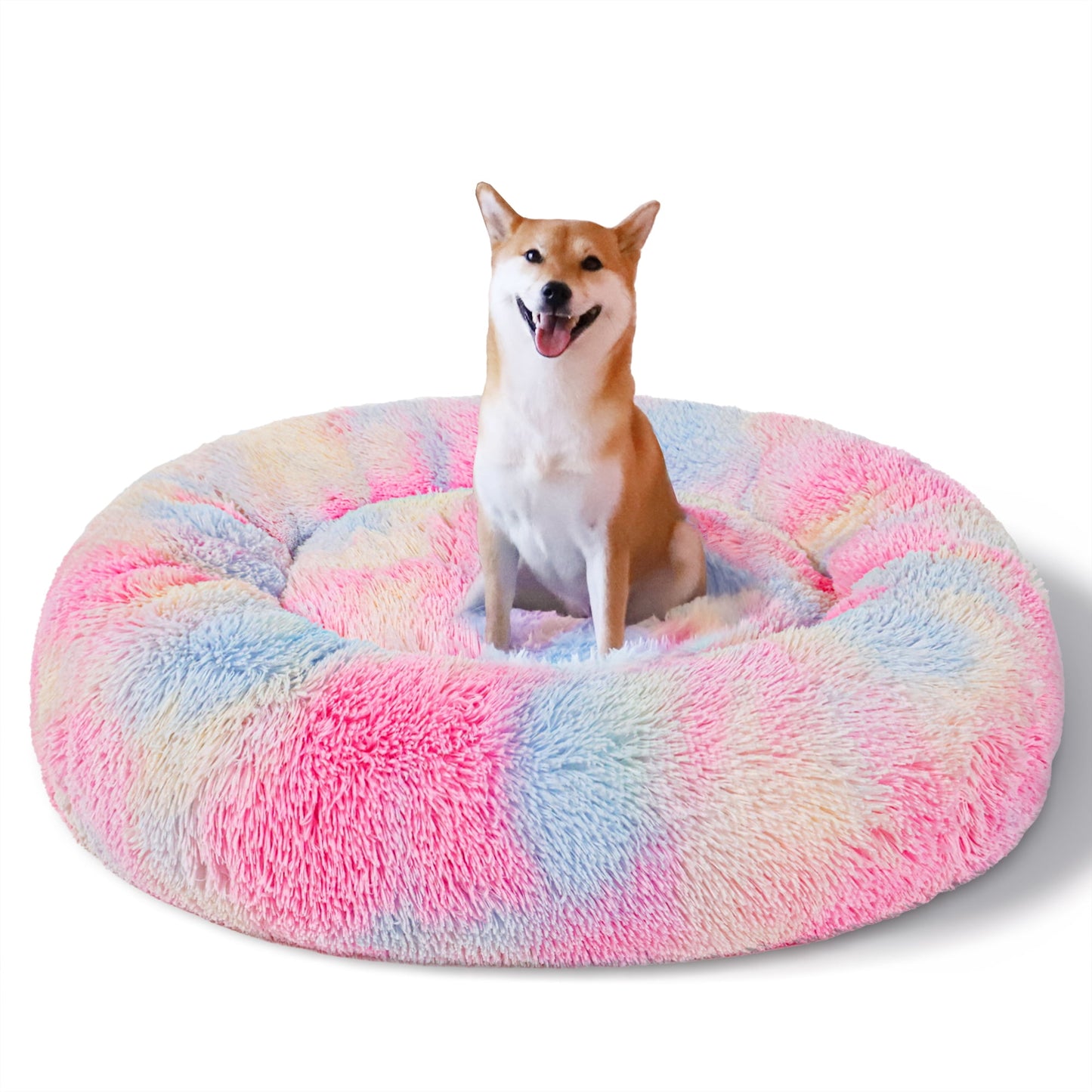 Exclusivo Mezcla Calming Donut Pet Bed for Medium Dogs 32", Anti-Anxiety Plush Cozy Warming Dog Bed, Pink Rainbow