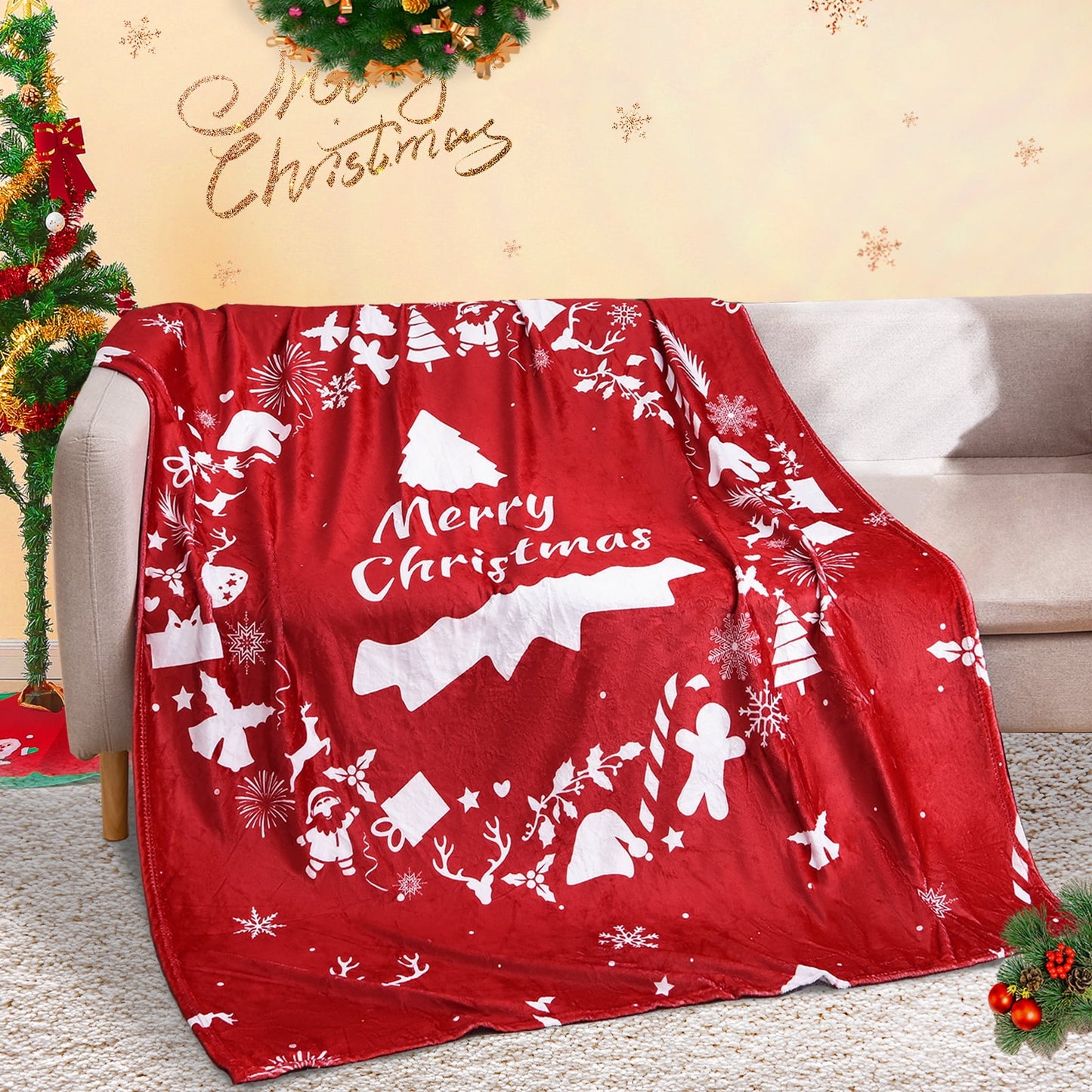 Exclusivo Mezcla Christmas Blanket, Red Flannel Fleece Blanket with Christmas Wreath Prints, Super Soft and Warm Holiday Throw Blanket for Couch, Bed and Sofa, 50x60 inches