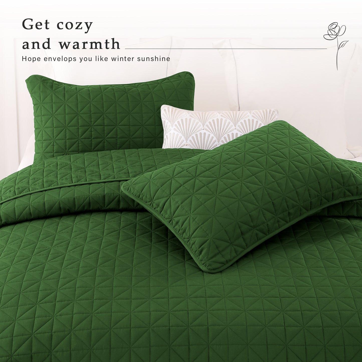 Exclusivo Mezcla Queen Quilt Bedding Set for All Seasons, Lightweight Soft Grass Green Quilts Queen Size Bedspreads Coverlets Bed Cover with Geometric Stitched Pattern, (1 Quilt, 2 Pillow Shams)
