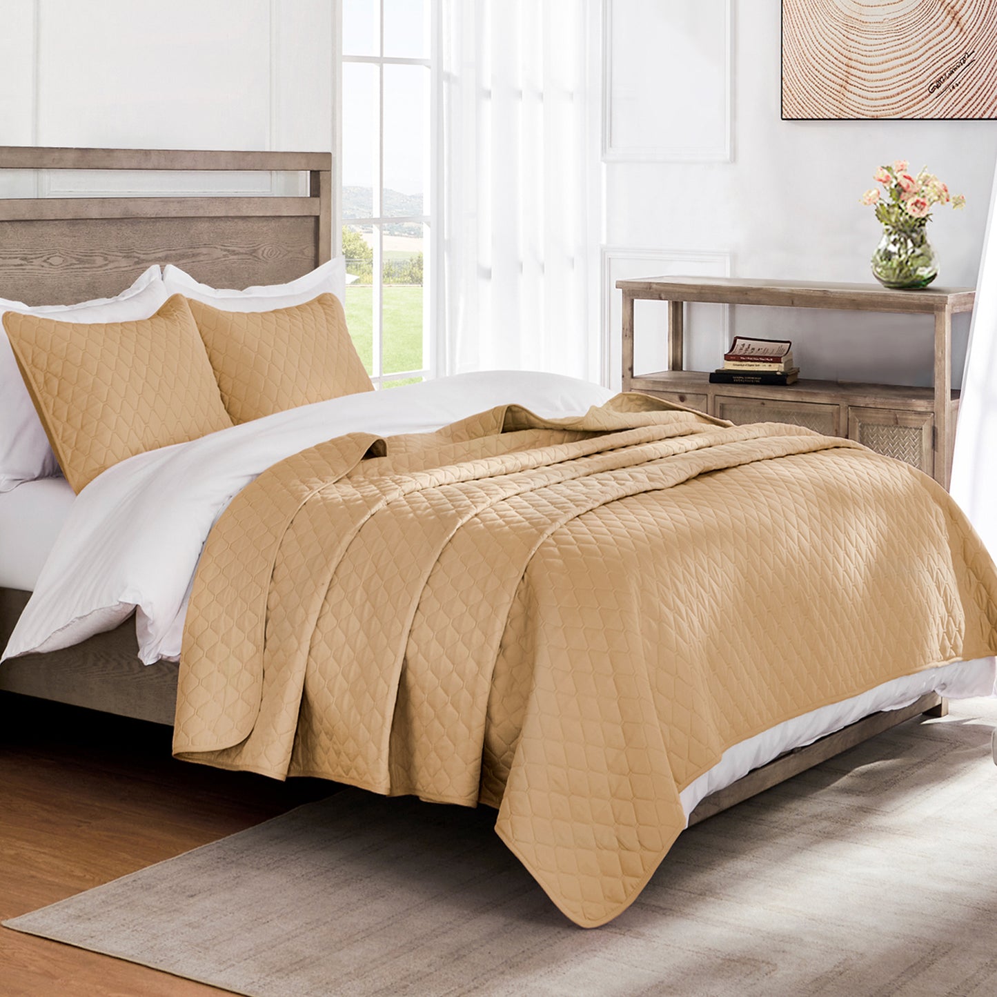 Exclusivo Mezcla Ultrasonic Reversible Full Queen Quilt Bedding Set with Pillow Shams, Lightweight Quilts Queen Size, Soft Bedspreads Bed Coverlets for All Seasons - (Camel, 90"x96")