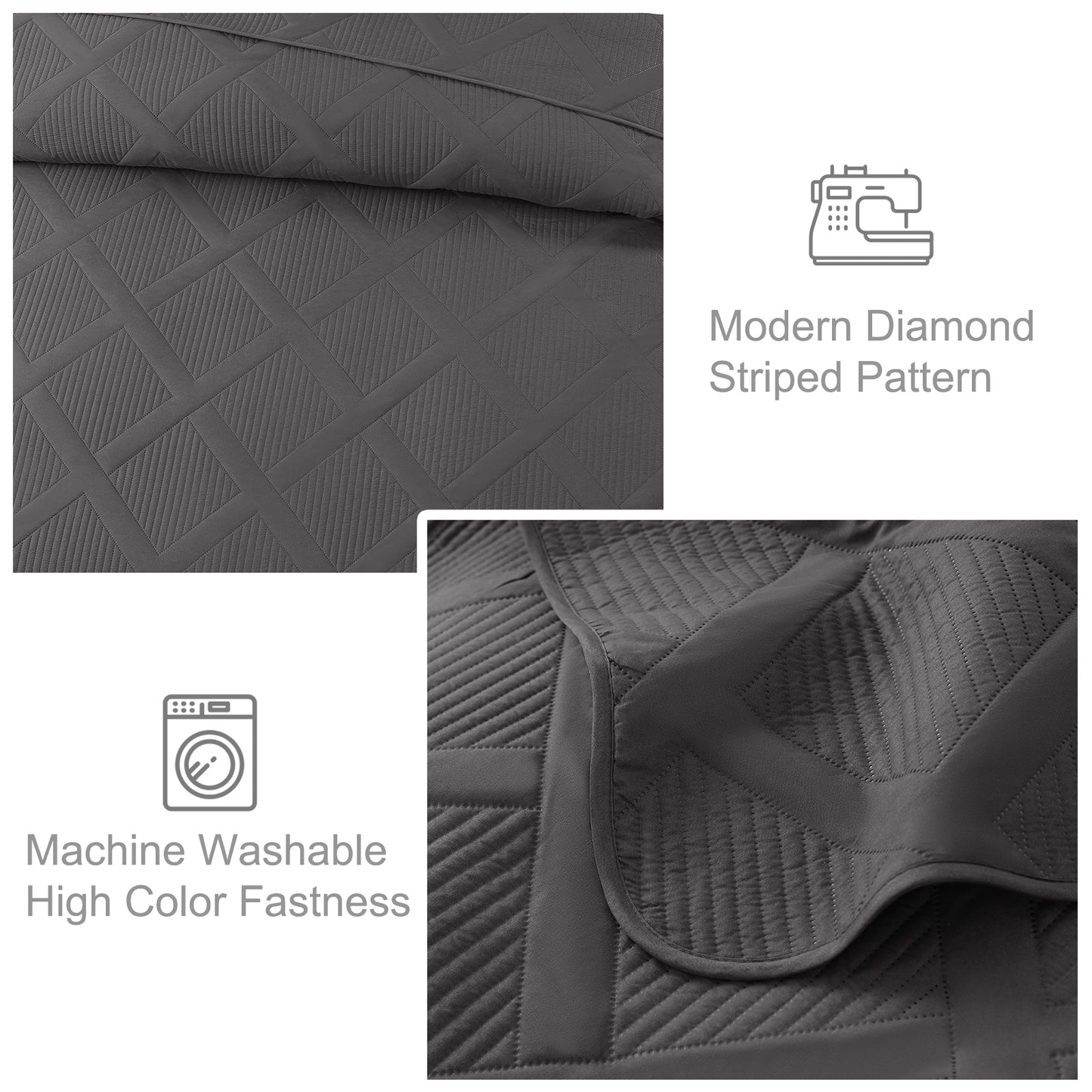 Exclusivo Mezcla Ultrasonic California King Quilt Set, Lightweight Bedspreads Modern Striped Coverlet with 2 Pillow Shams, Grey