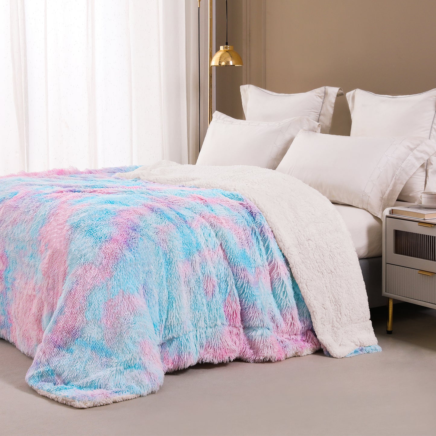Exclusivo Mezcla Twin Size Faux Fur Bed Blanket, Super Soft Fuzzy and Plush Reversible Sherpa Fleece Blanket and Warm Blankets for Bed, Sofa, Travel, 60X80 inches,Aqua Rainbow