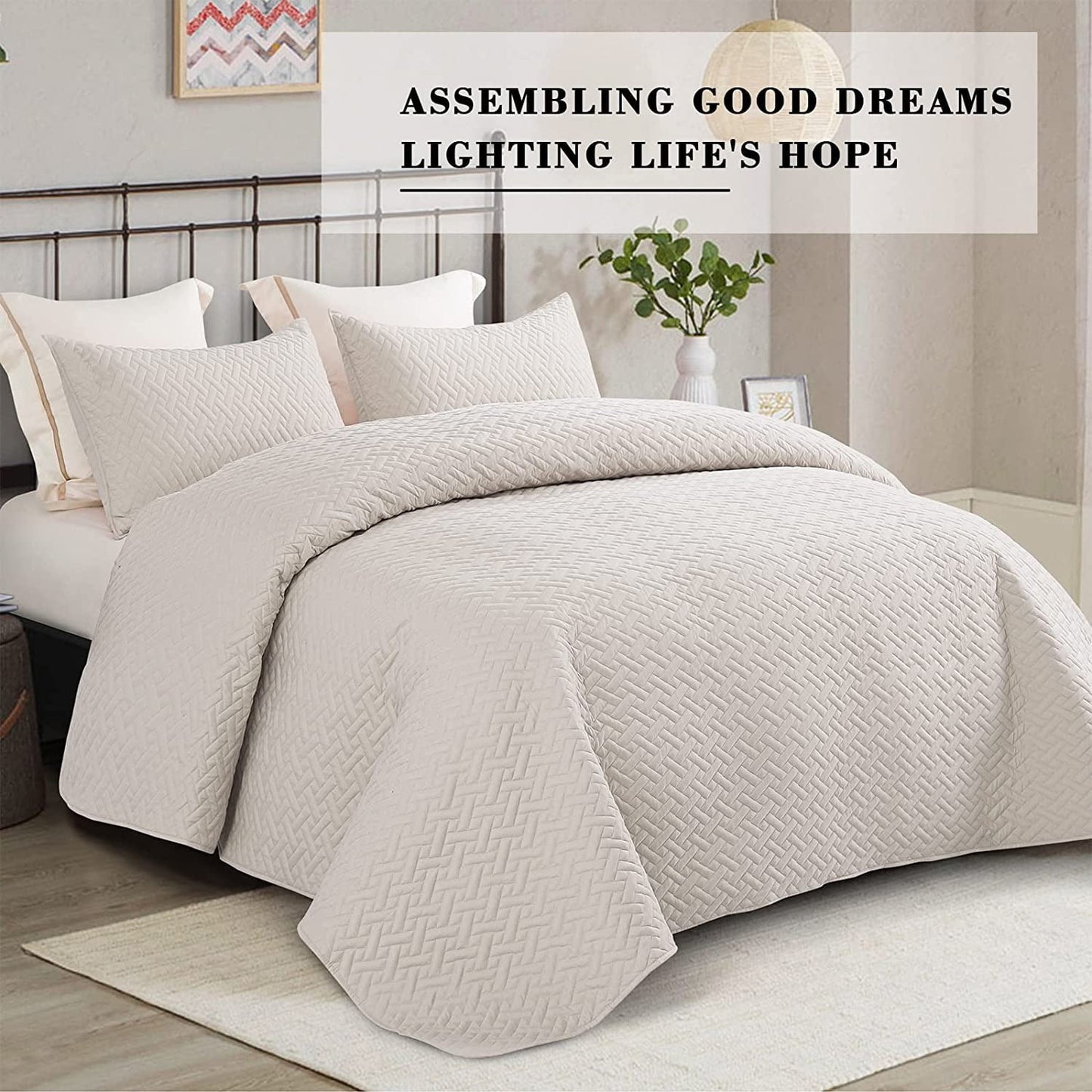 Exclusivo Mezcla 3-Piece Queen Size Quilt Set with Pillow Shams, Basket Quilted Bedspread/Coverlet/Bed Cover(96x90 Inches, Brich Beige) -Soft, Lightweight and Reversible