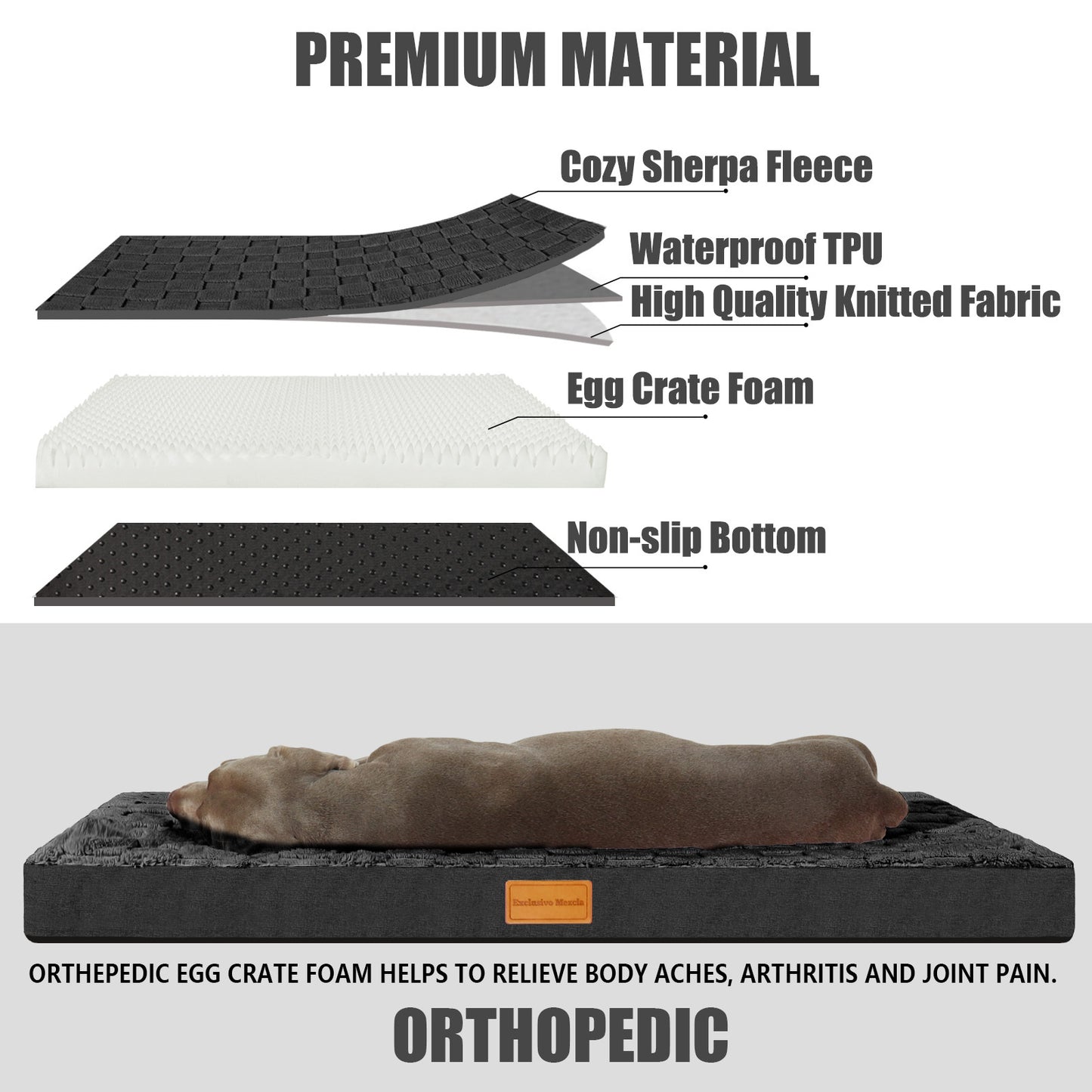 Exclusivo Mezcla Checkered Orthopedic XXL Dog Bed for Extra Large Dogs 48''X30'', Waterproof Removable Washable Cover,Egg Crate Foam Pet Bed Mat, Black