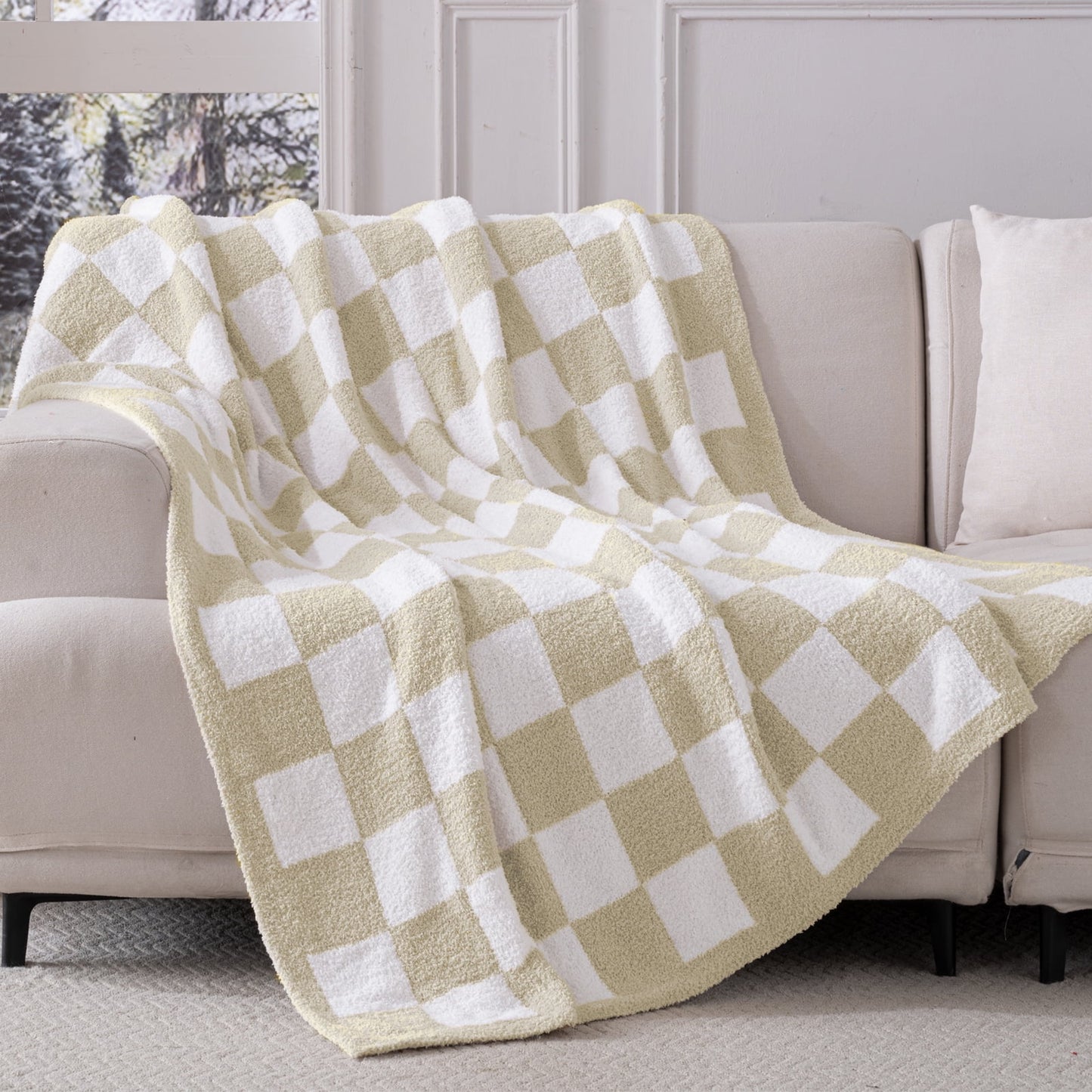 Exclusivo Mezcla Checkered Knit Throw Blanket, Ultra Soft Cozy Fluffy Checkerboard Blankets, Lightweight Fuzzy Plush Throw for Couch and Bed, Khaki, 50"x60"