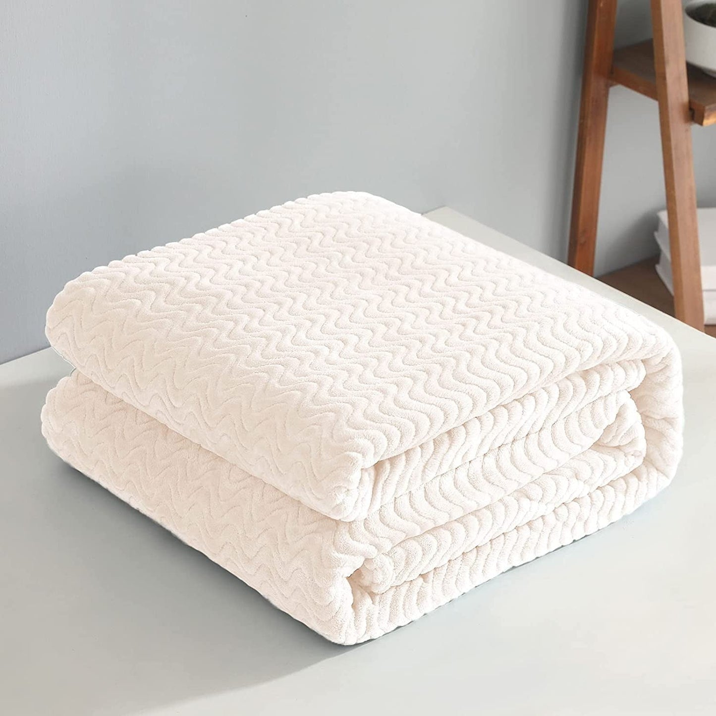 Exclusivo Mezcla King Size Jacquard Weave Wave Pattern Flannel Fleece Velvet Plush Bed Blanket as Bedspread/Coverlet/Bed Cover (90" x 104",Ivory) - Soft, Lightweight, Warm and Cozy